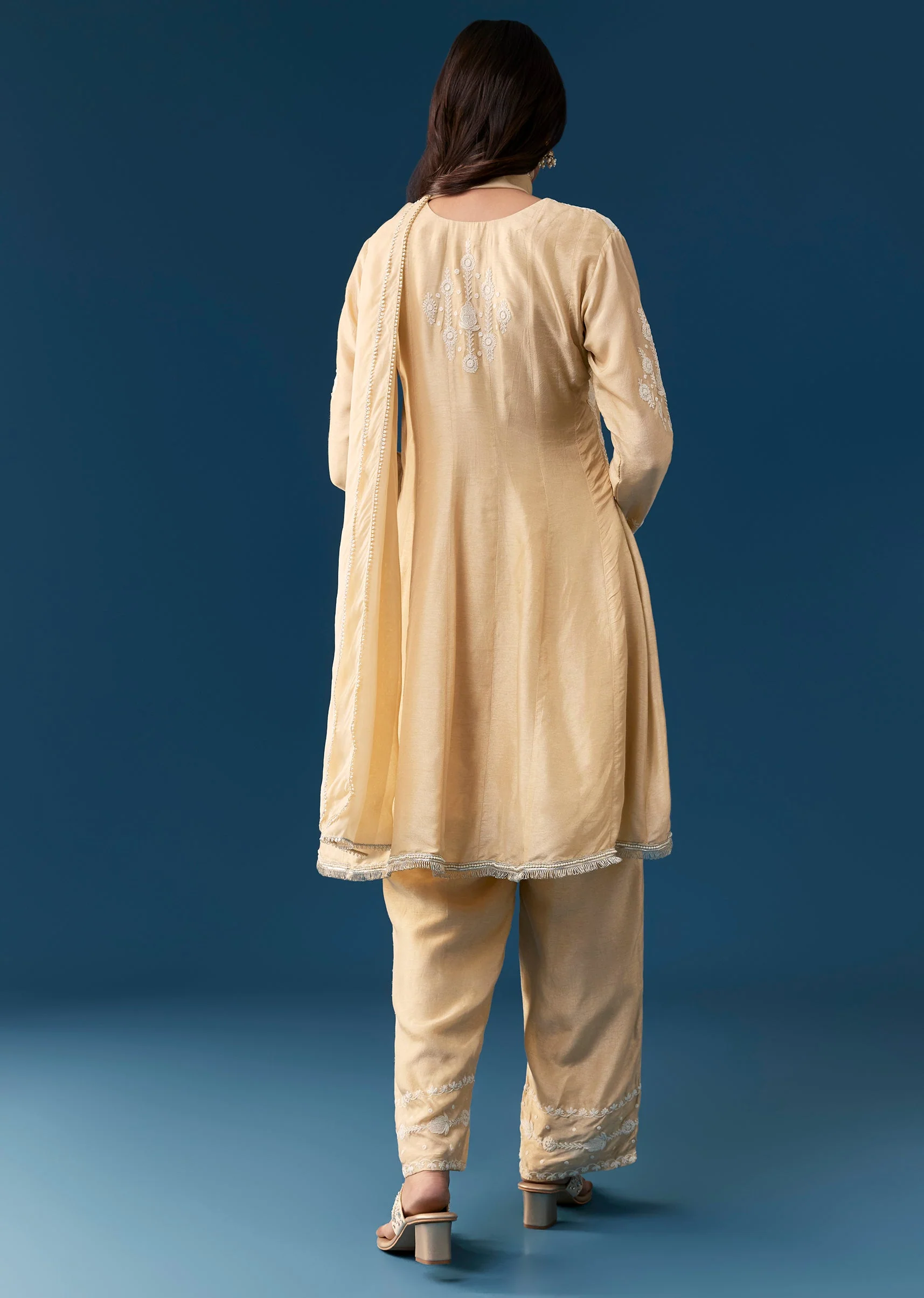 Beige Peplum Pakistani Style Anarkali Suit Thread Work - Image 5