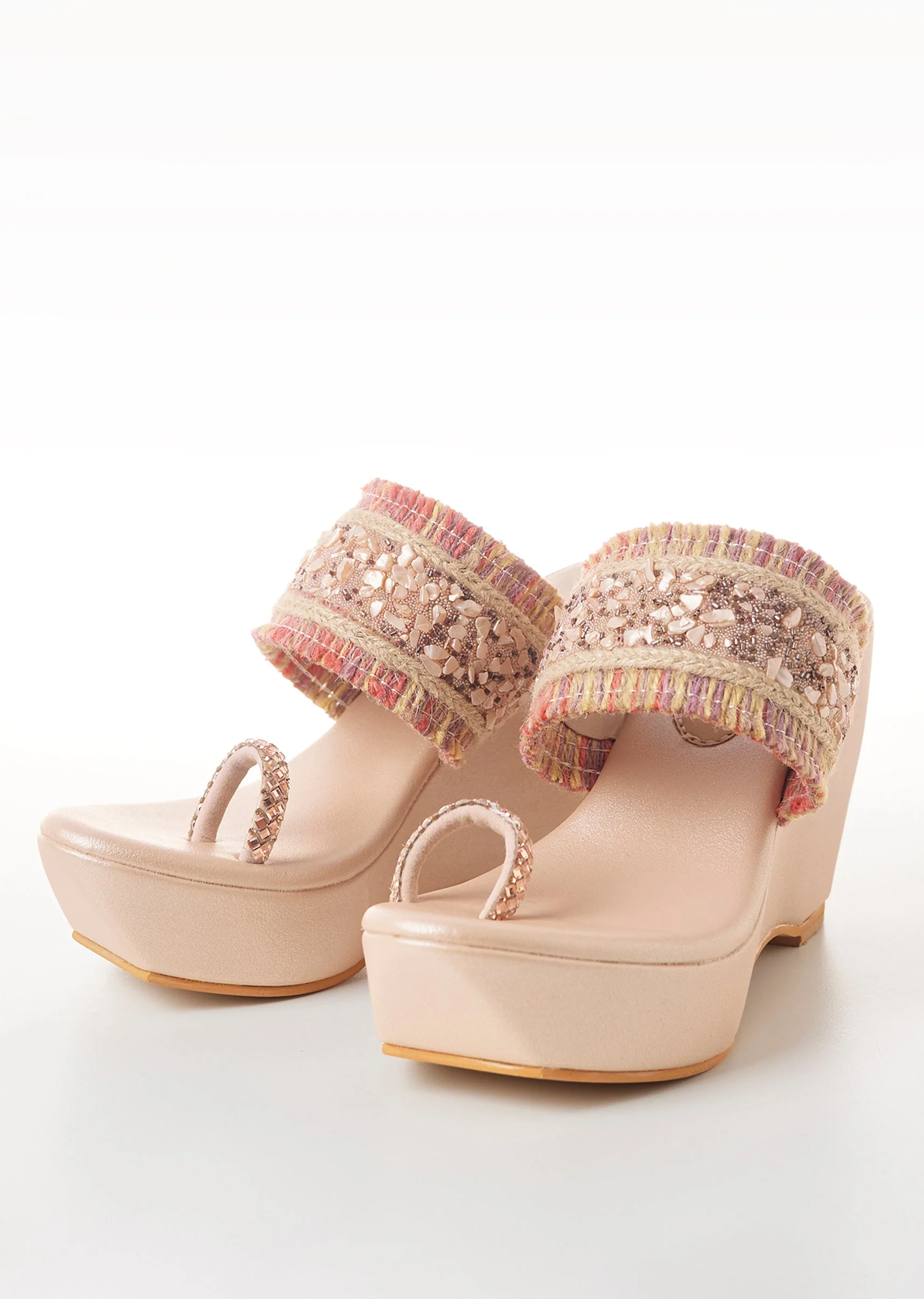 Beige Platform Toe Ring Wedges With Sequin Detailed Broad Strap - Image 2