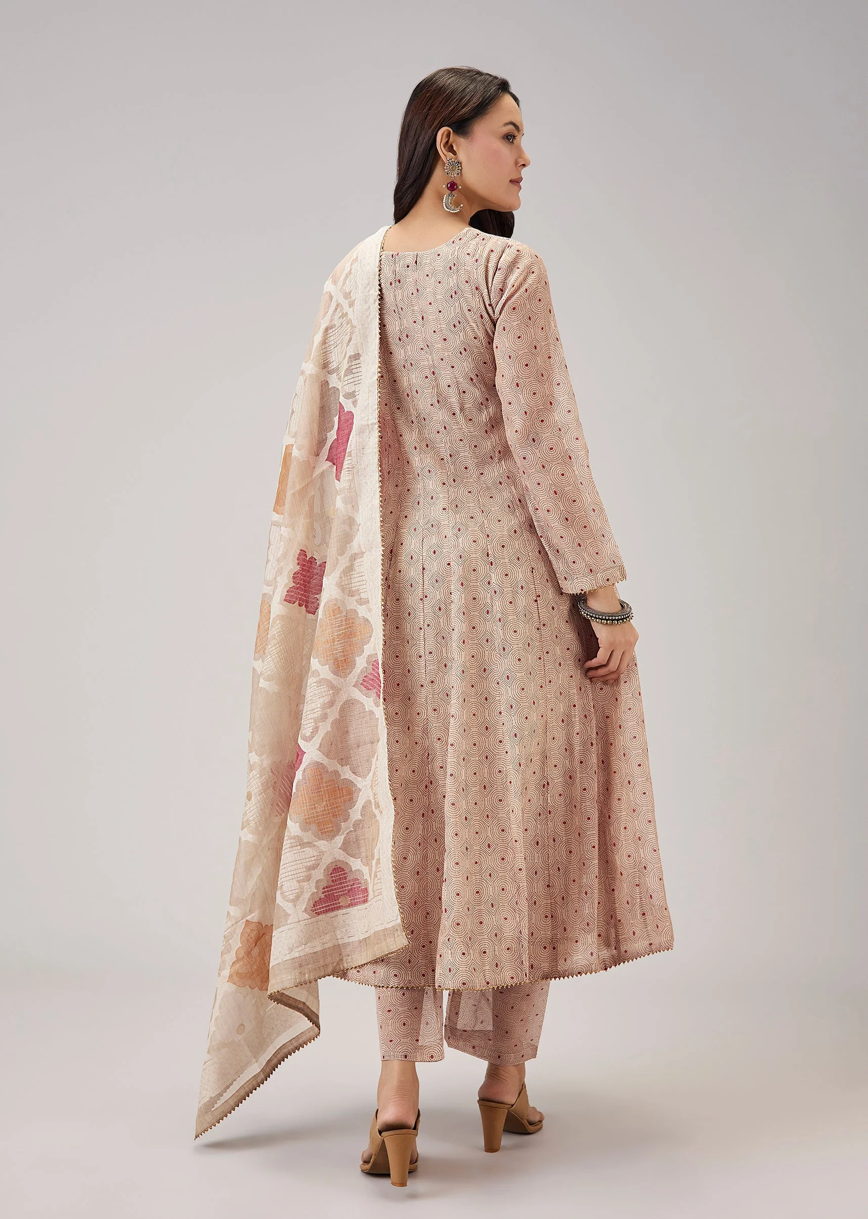 Beige Printed Chanderi Anarkali Set - Image 5