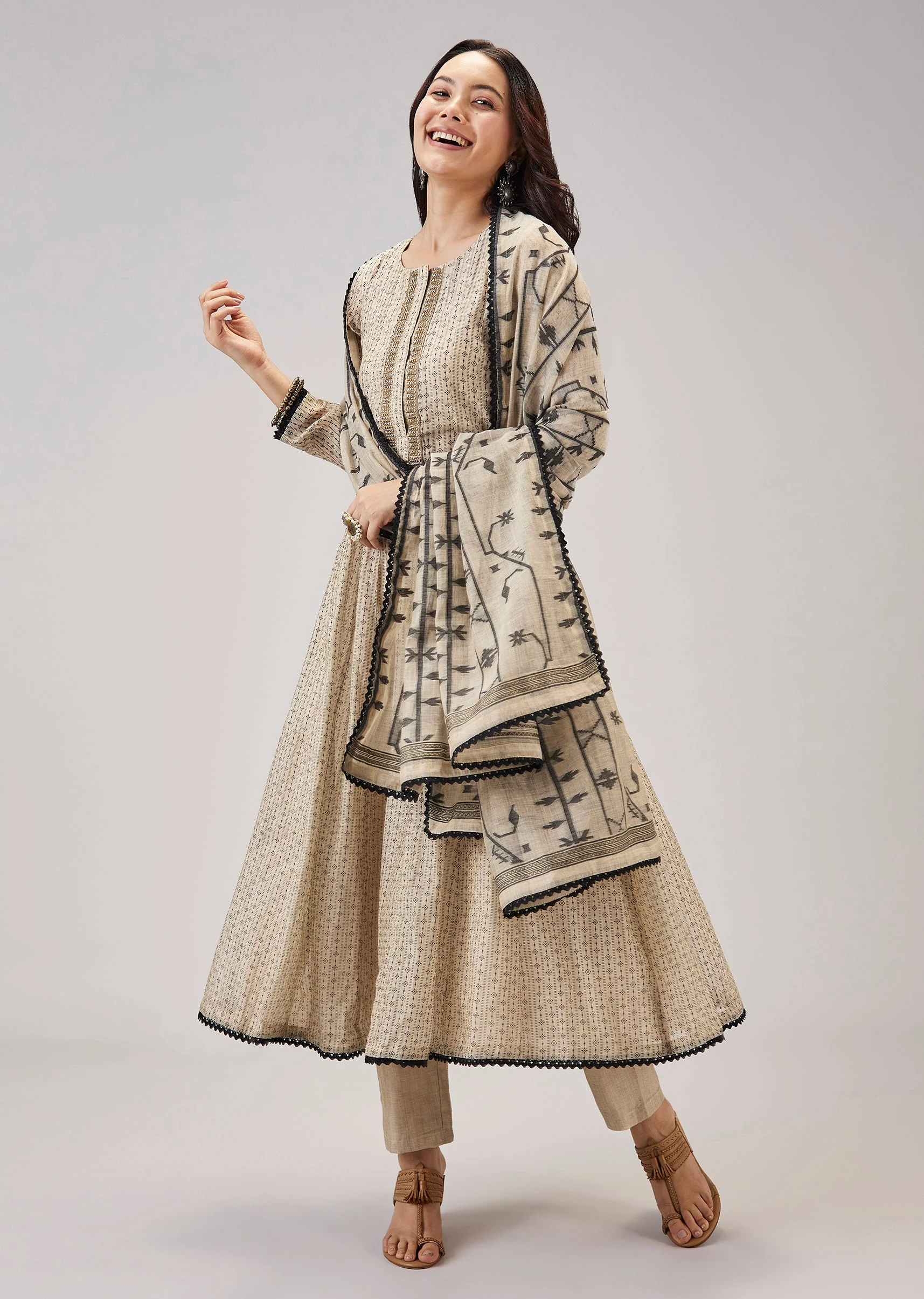 Beige Printed Chanderi Handwork Anarkali - Image 3