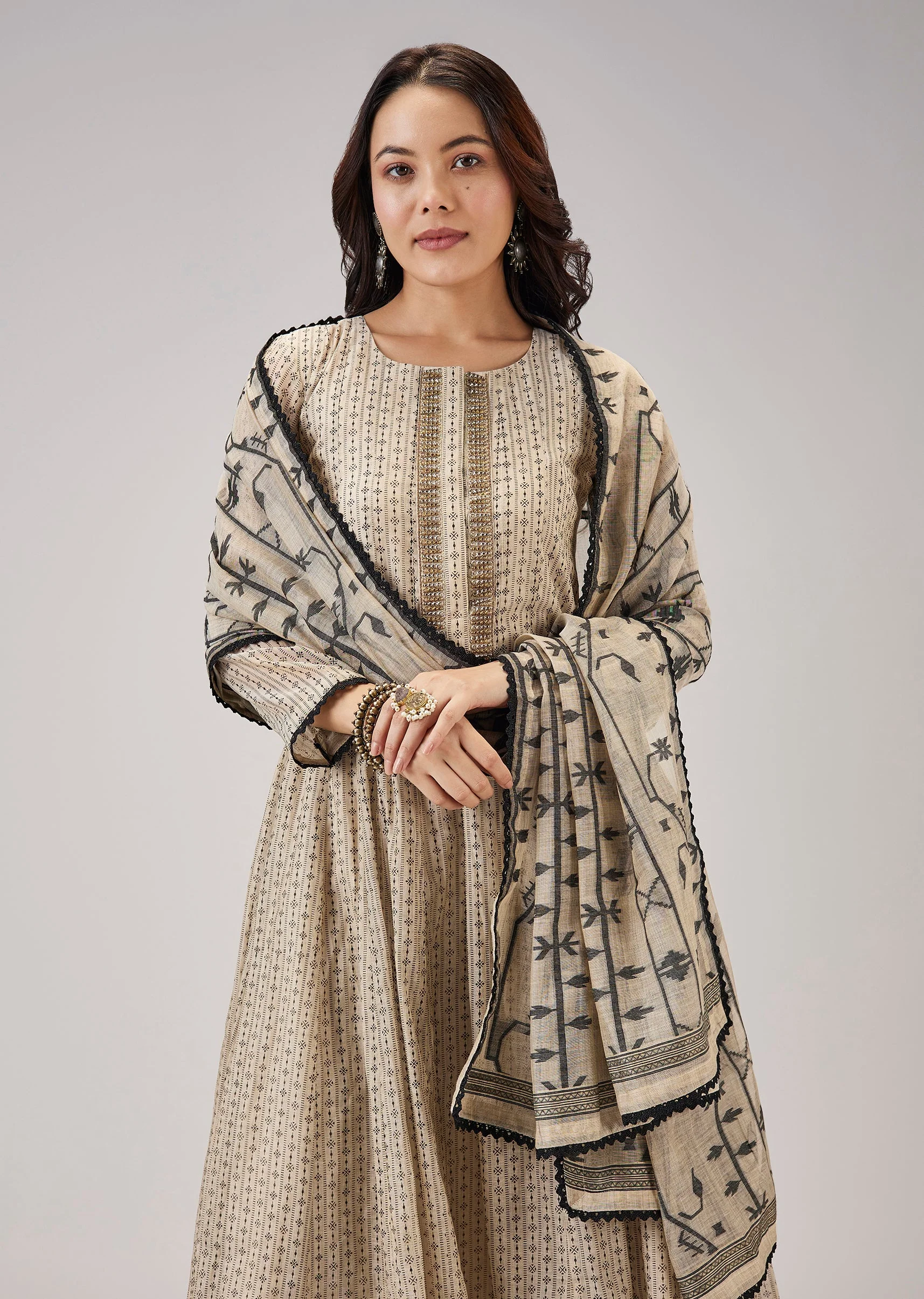 Beige Printed Chanderi Handwork Anarkali - Image 4