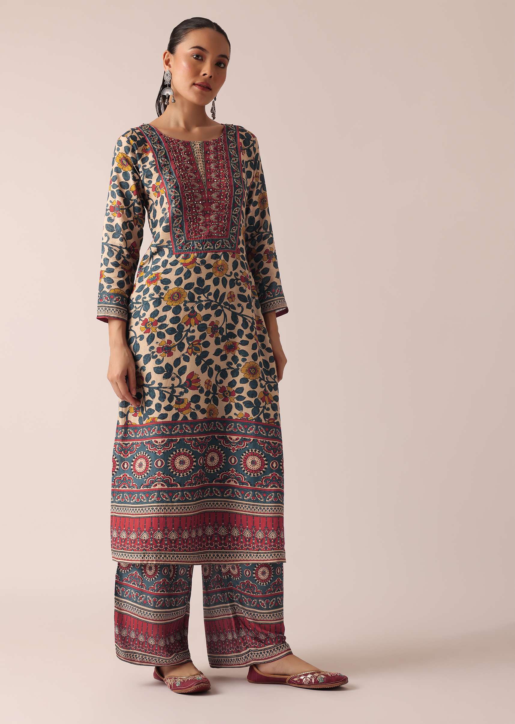 Beige Printed Kurta And Pant Set - Image 7