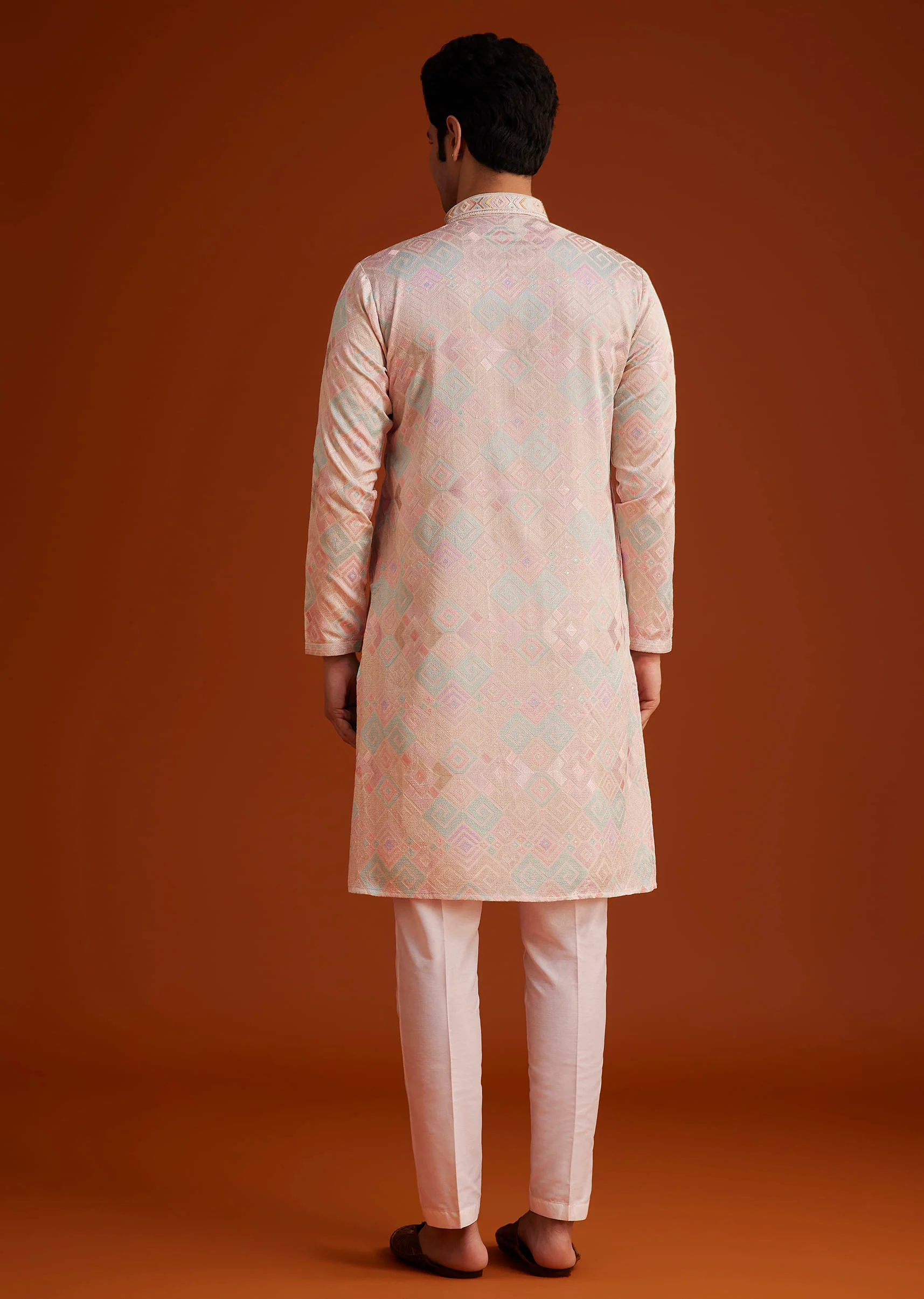 Beige Printed Silk Kurta Set Hand Embellishments - Image 5