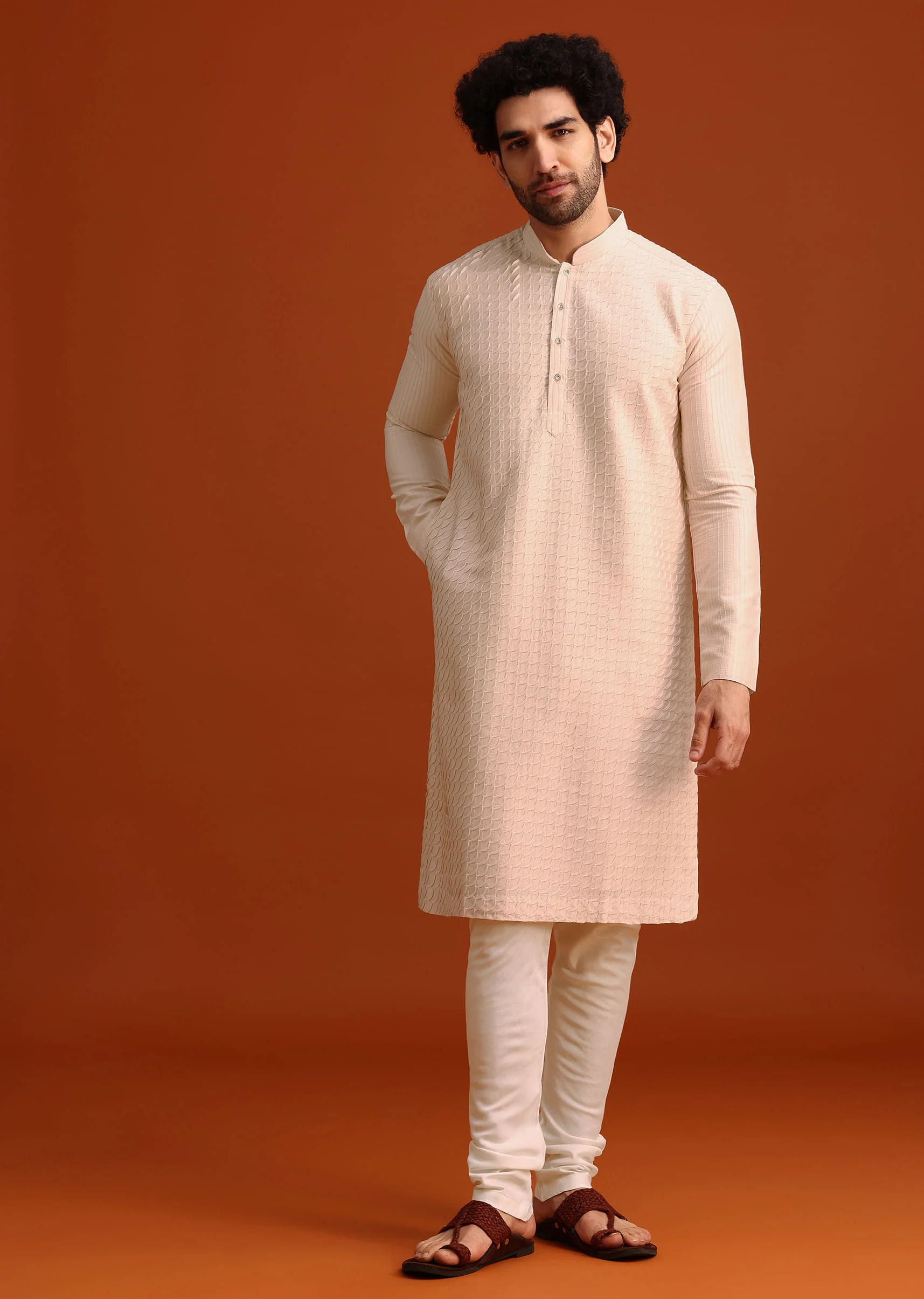 Beige Quilted Kurta Set In Blended Silk - Image 4