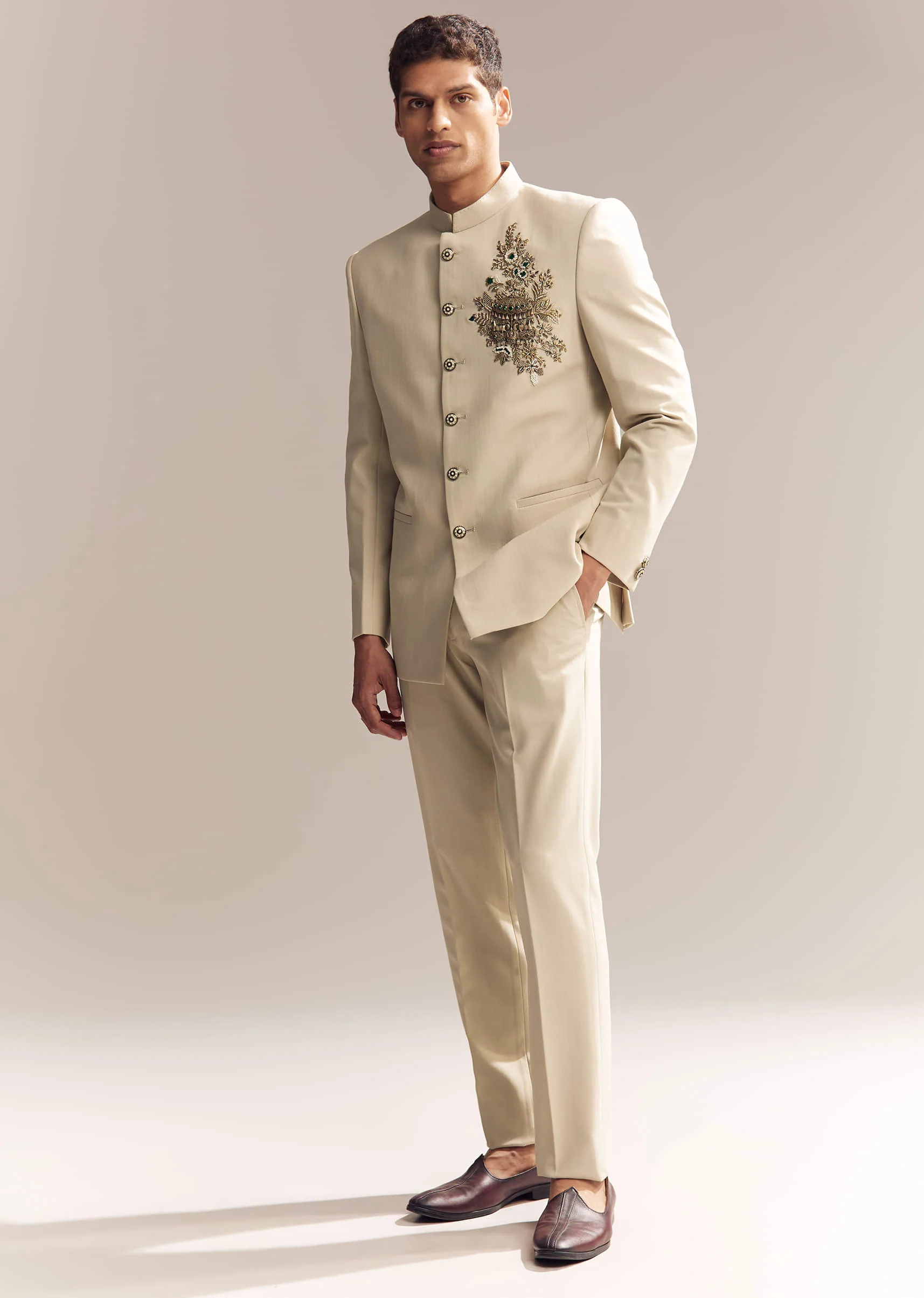 Beige Rayon Jodhpuri Suit For Men With Zardosi Embroidery - Image 3