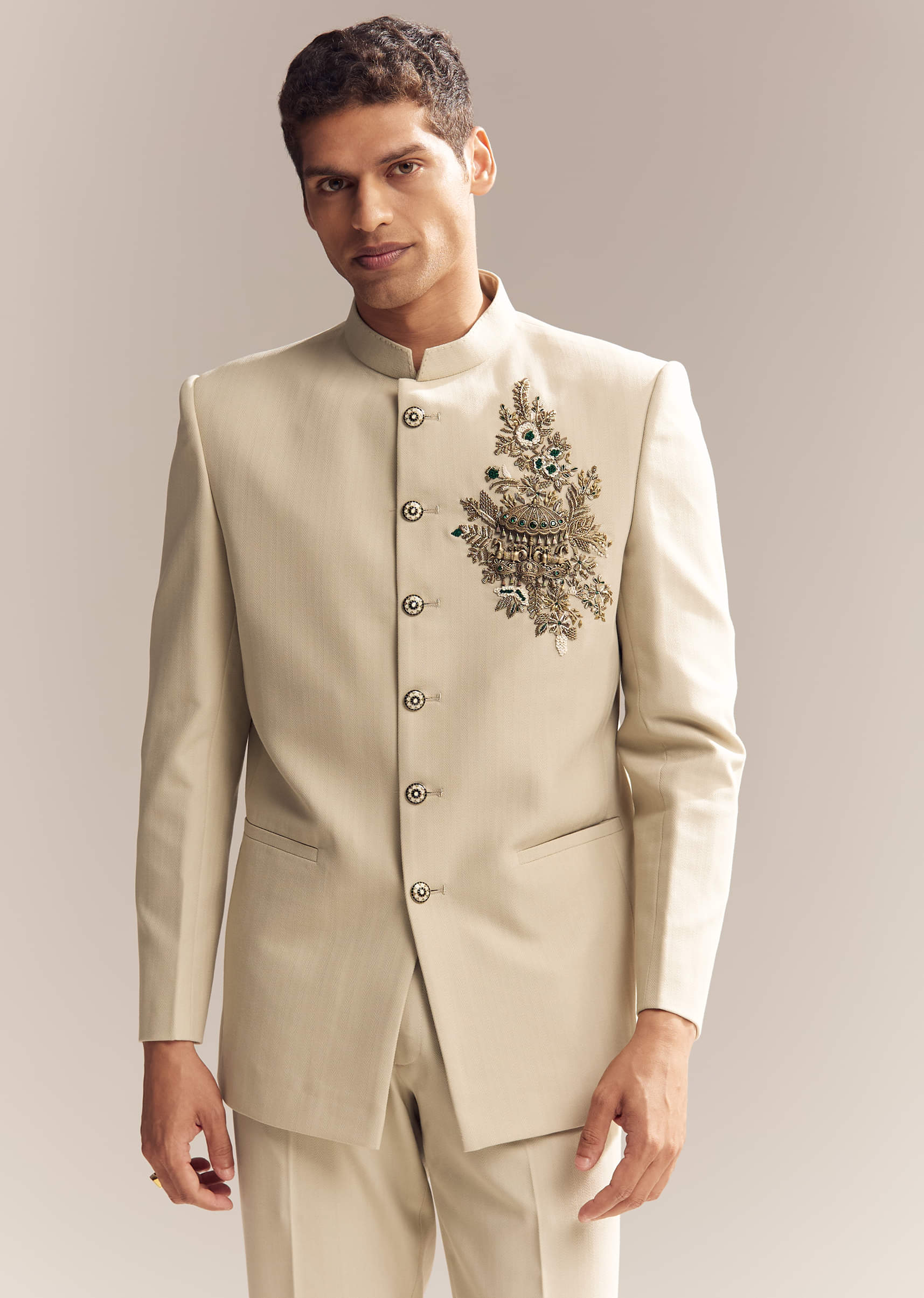 Beige Rayon Jodhpuri Suit For Men With Zardosi Embroidery - Image 4