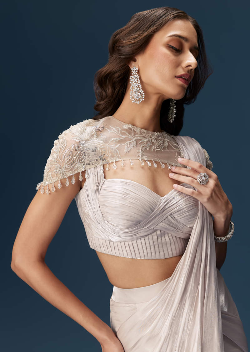 Beige Ready Pleated Saree With Cape And Blouse - Image 4