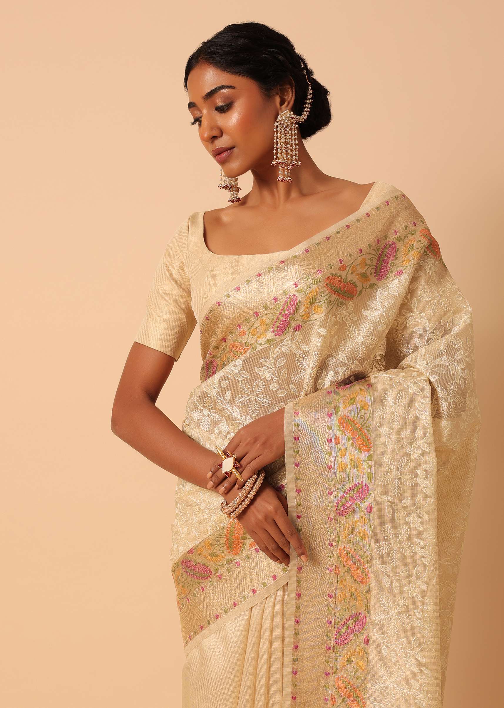 Beige Saree In Kora Silk With Floral Motif Multicolor Thread Work And Unstitched Blouse Piece - Image 2