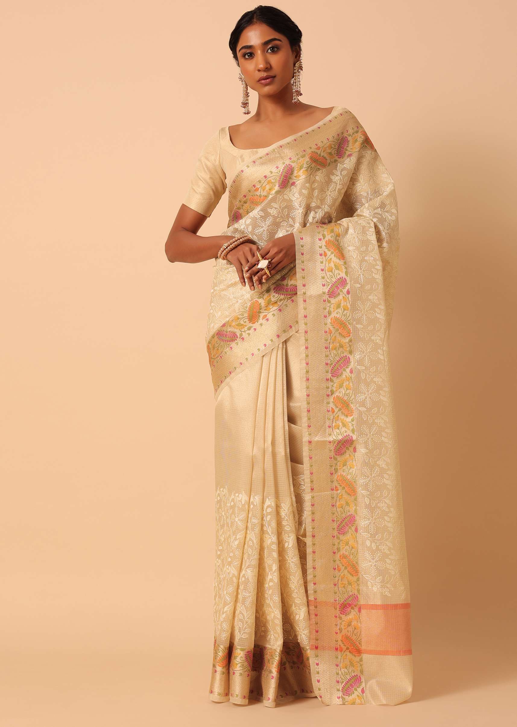 Beige Saree In Kora Silk With Floral Motif Multicolor Thread Work And Unstitched Blouse Piece - Image 3