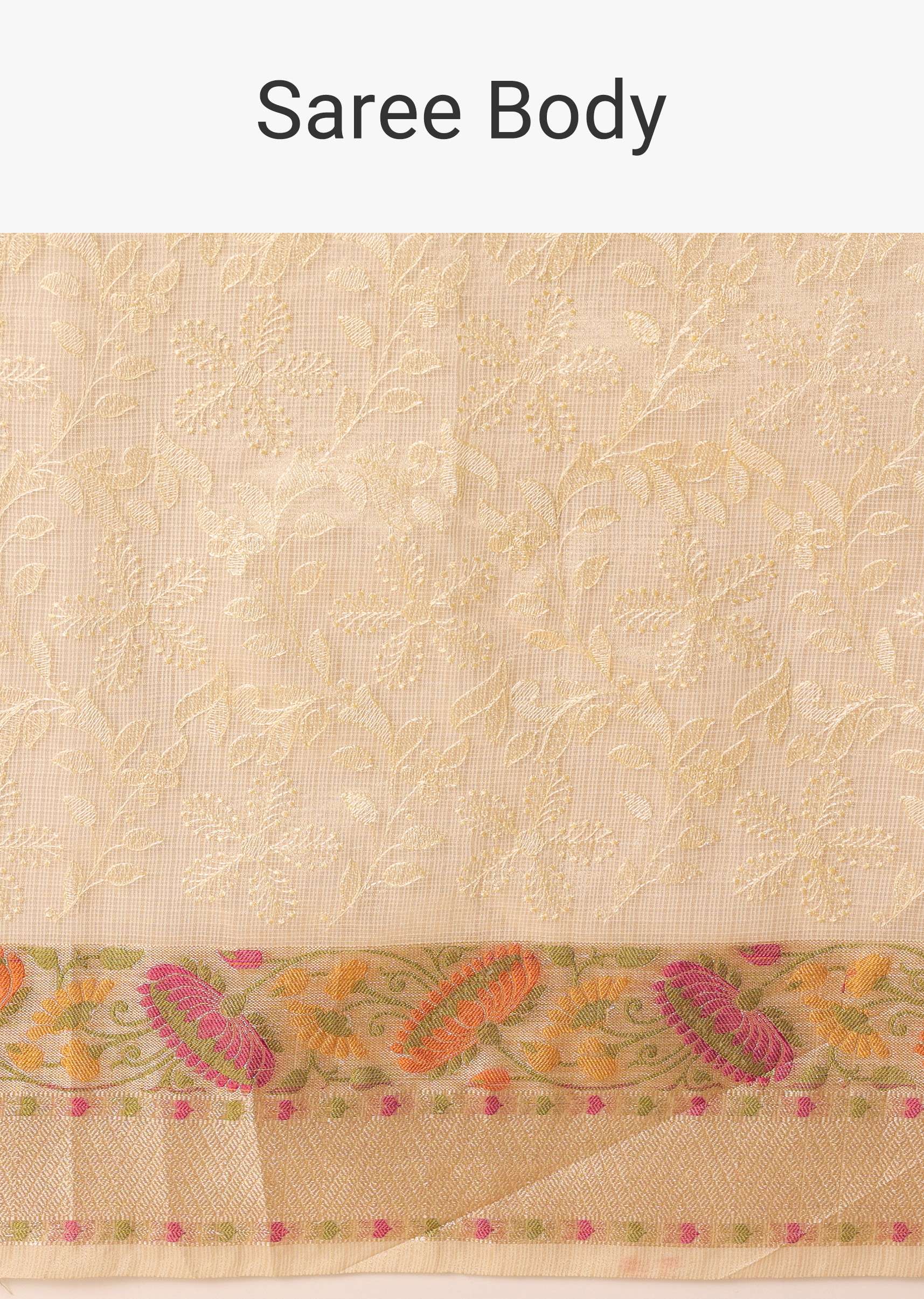 Beige Saree In Kora Silk With Floral Motif Multicolor Thread Work And Unstitched Blouse Piece - Image 9