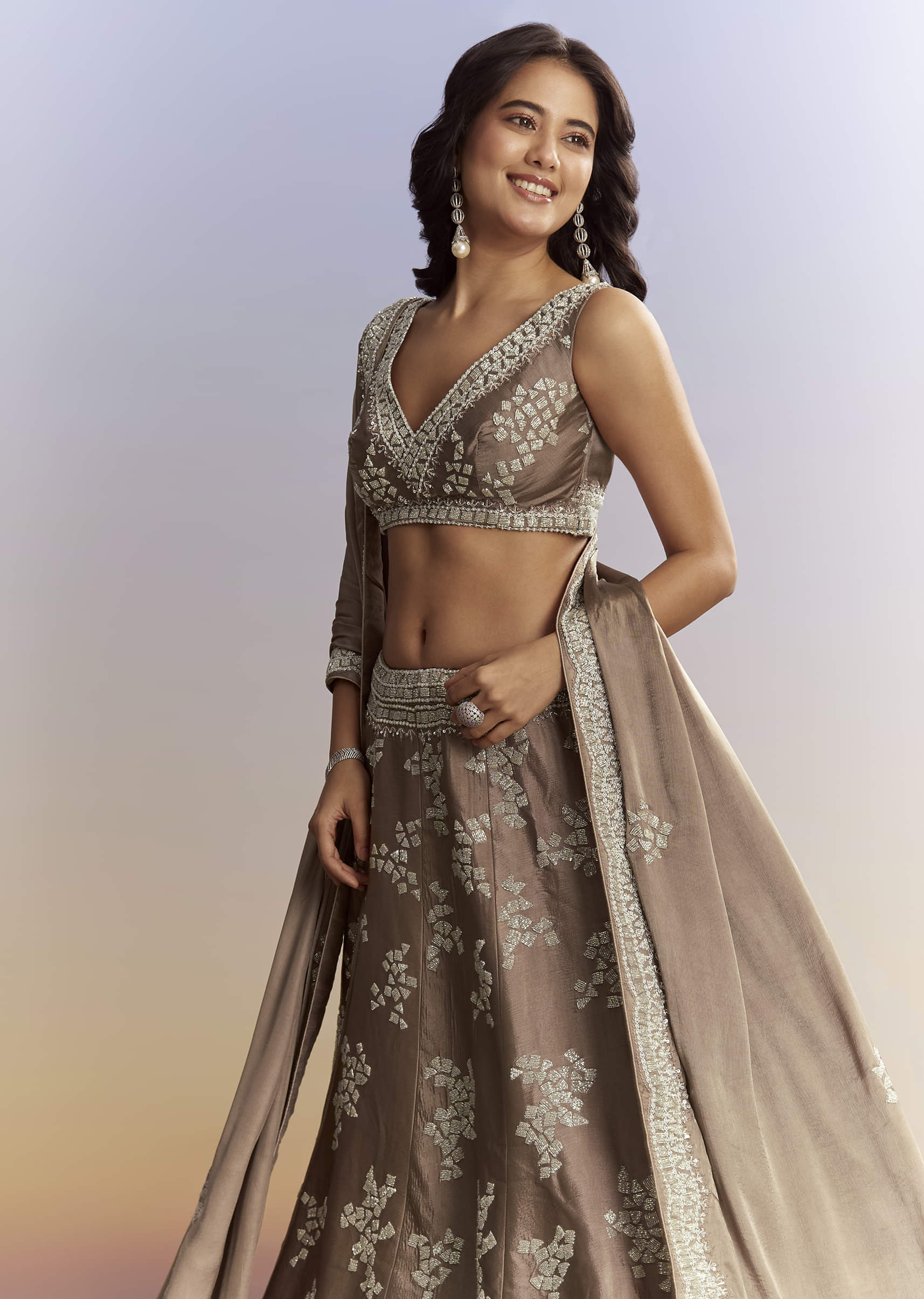 Beige Satin Bridesmaid Lehenga With Heavy Embroidery - Image 4