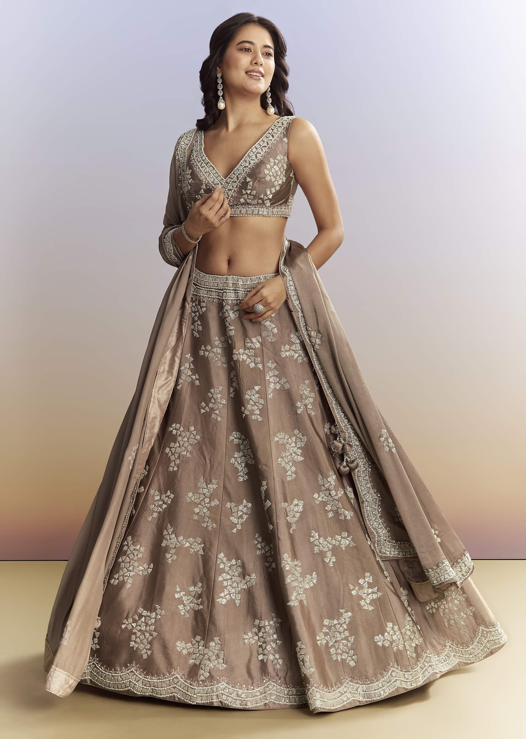 Beige Satin Bridesmaid Lehenga With Heavy Embroidery - Image 5