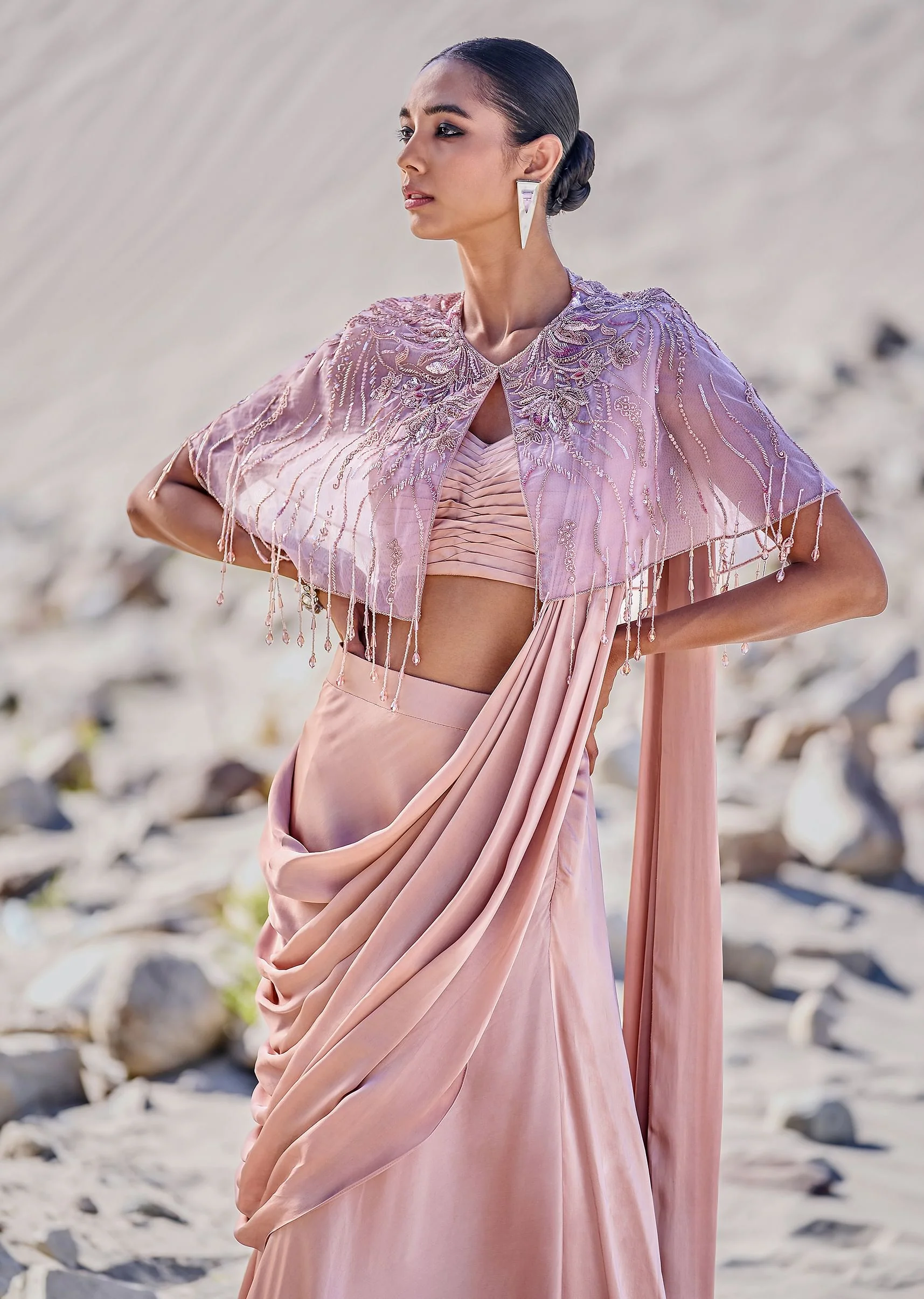 Beige Satin Draped Saree With Pleated Blouse And Embroidered Cape - Image 5