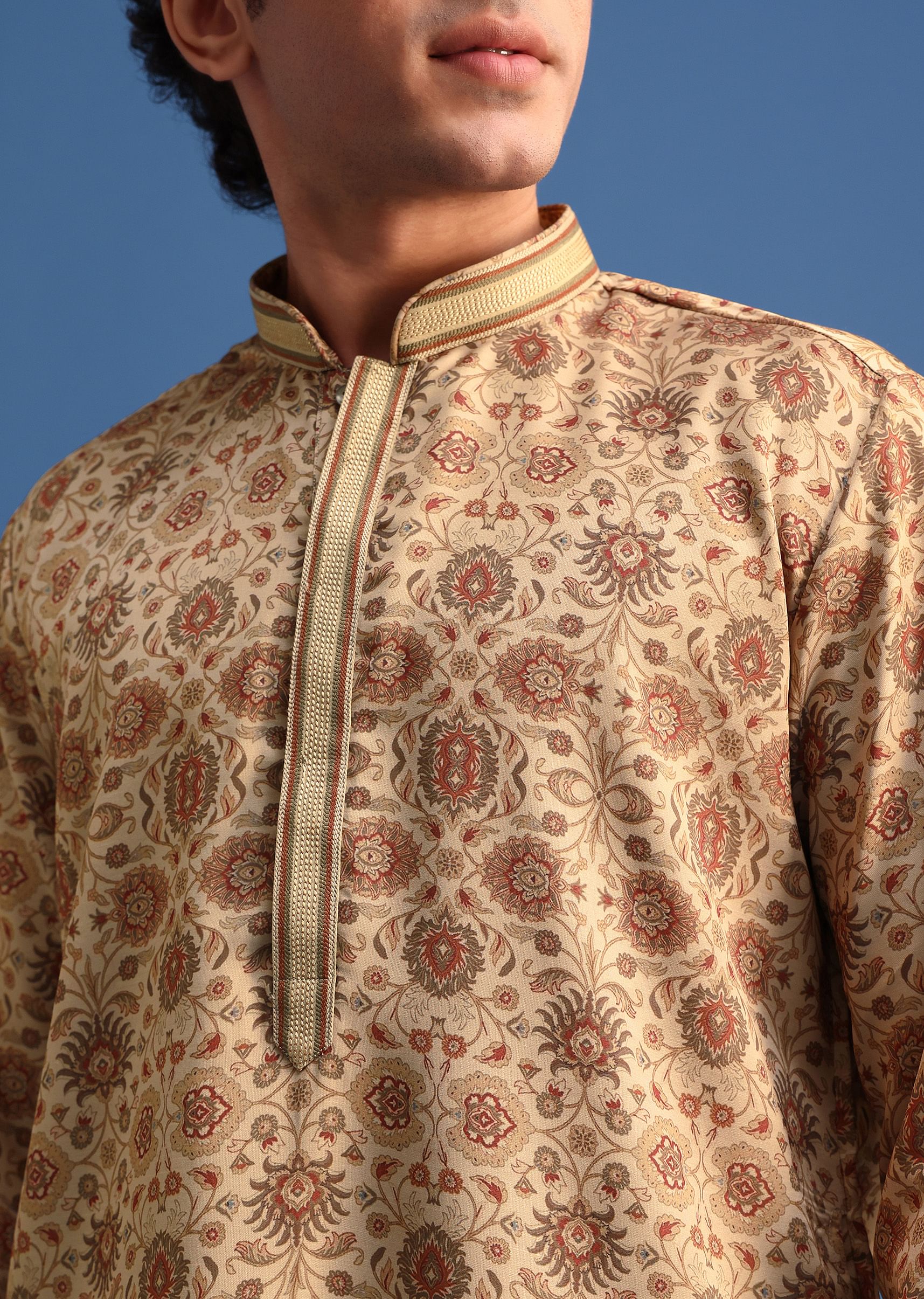 Beige Satin Printed Kurta Set For Men - Image 2
