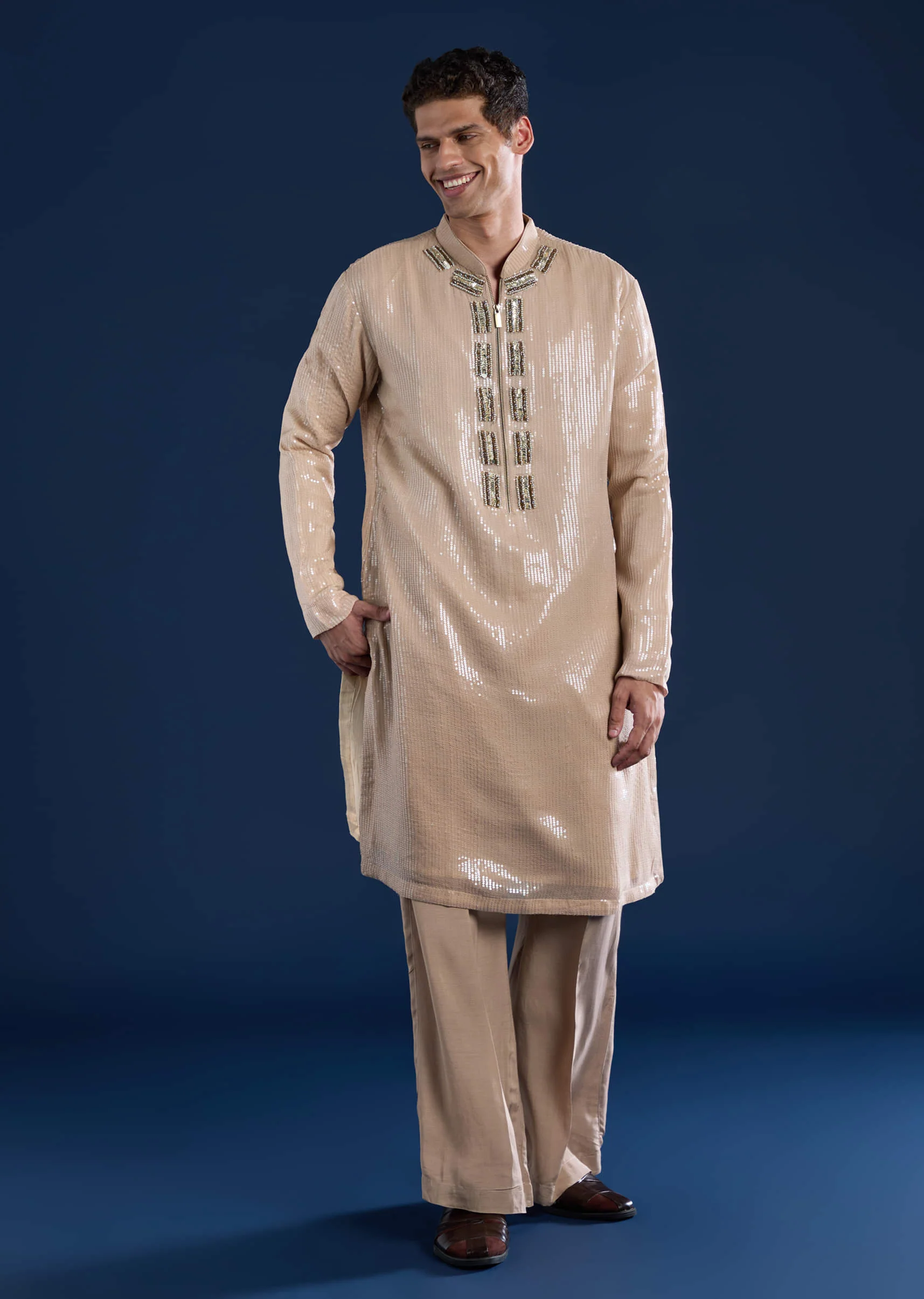 Beige Sequin Embellished Mens Kurta and Pant Set - Image 3