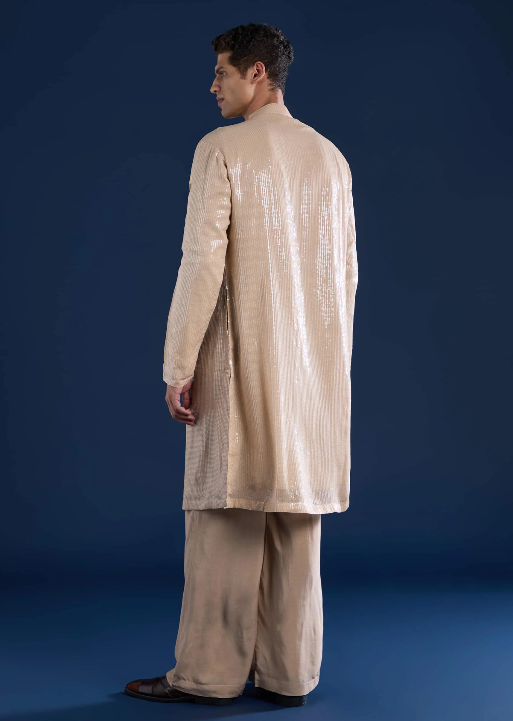 Beige Sequin Embellished Mens Kurta and Pant Set - Image 5
