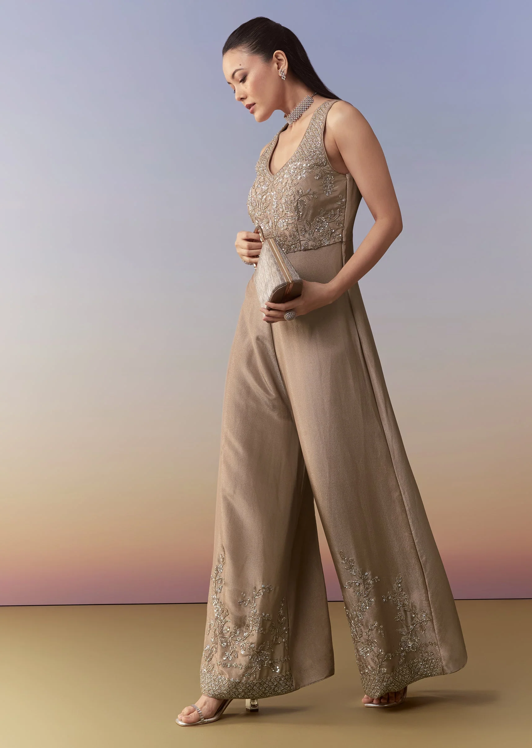 Beige Sequin Embroidered Jumpsuit - Image 3