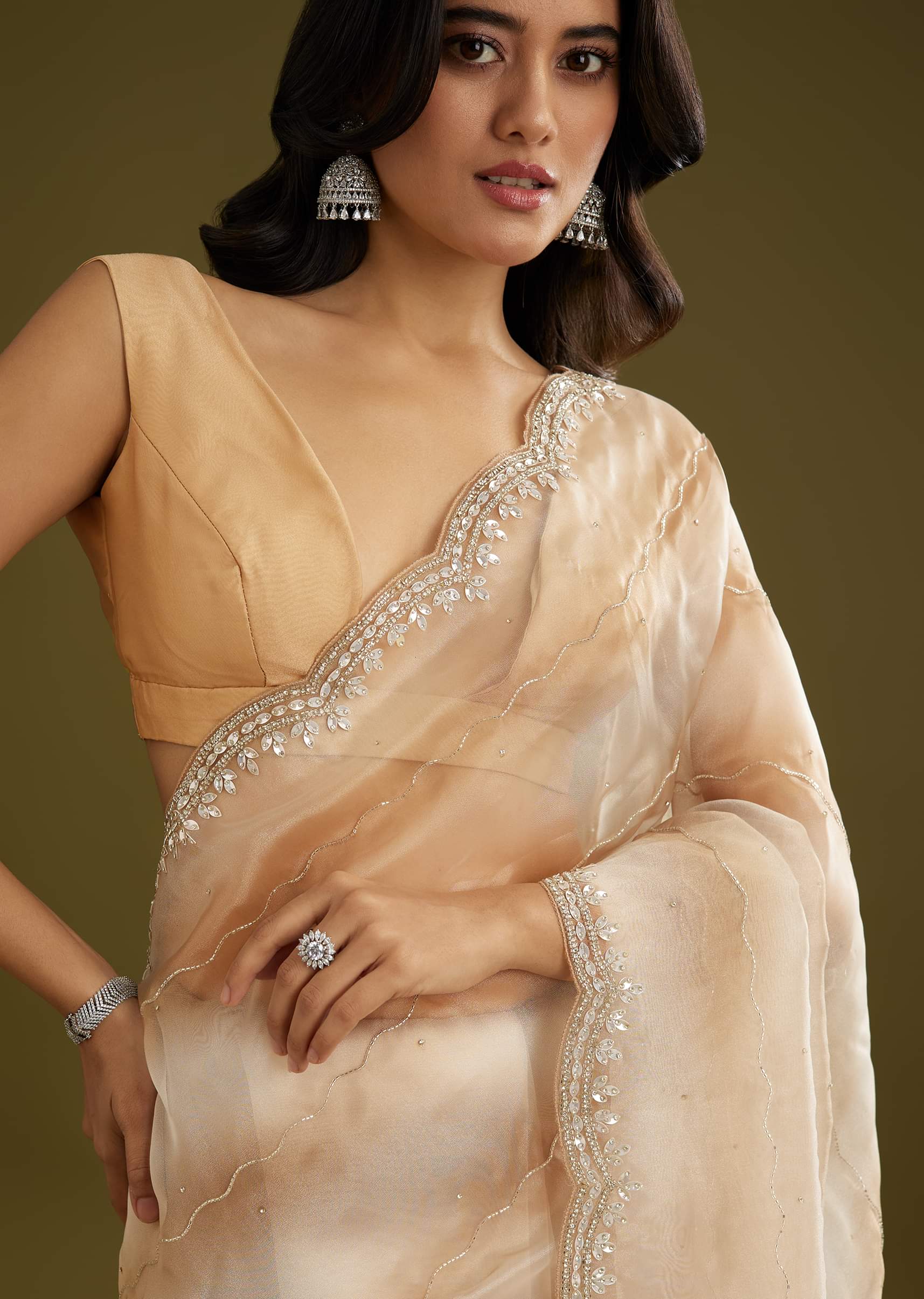 Beige Shaded Glass Tissue Saree With Stone Embellishment - Image 5