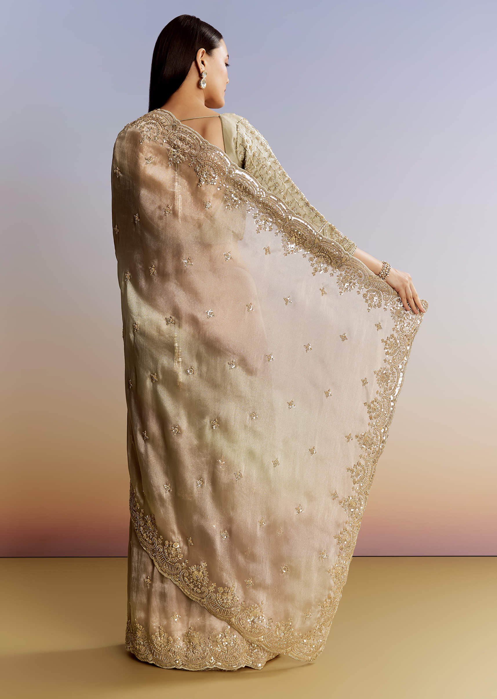 Beige Shaded Tissue Saree With Sequins Beads And Cutdana - Image 4