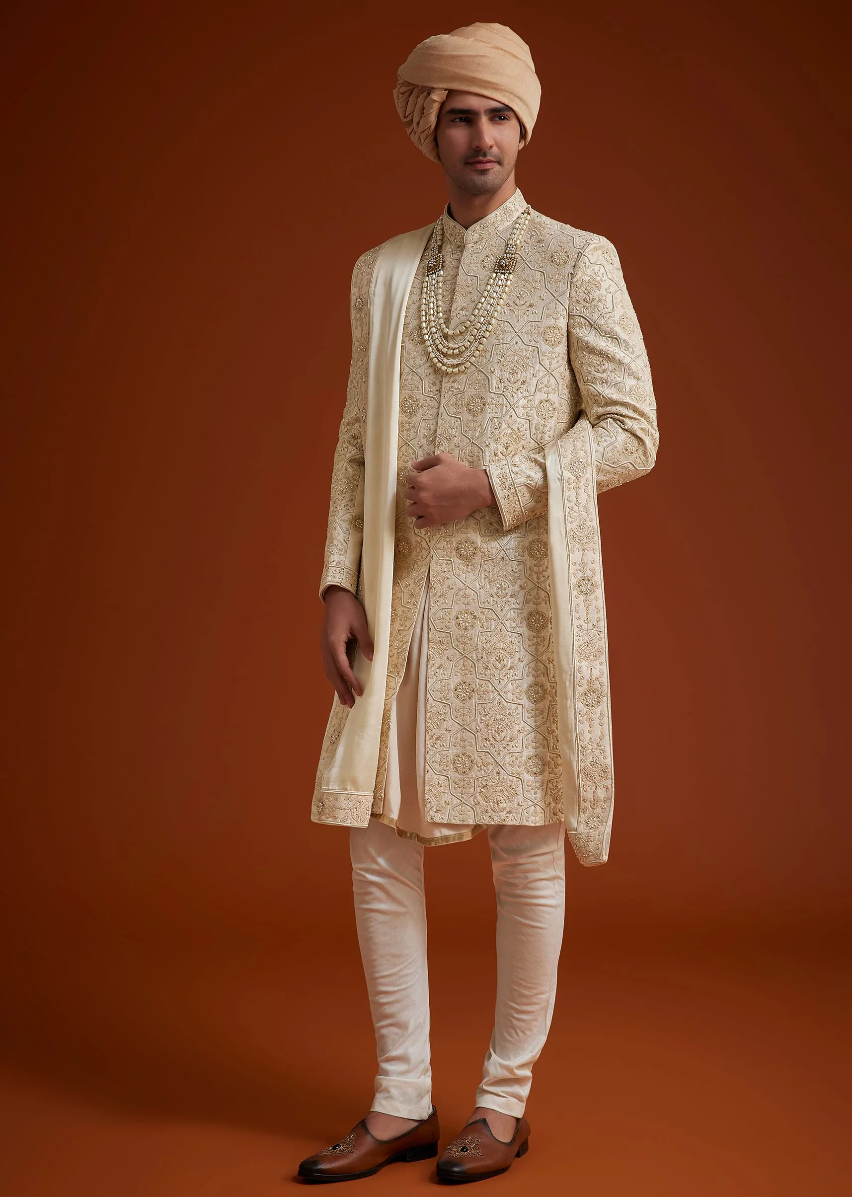 Beige Sherwani Set With Dori And Thread Work - Image 2