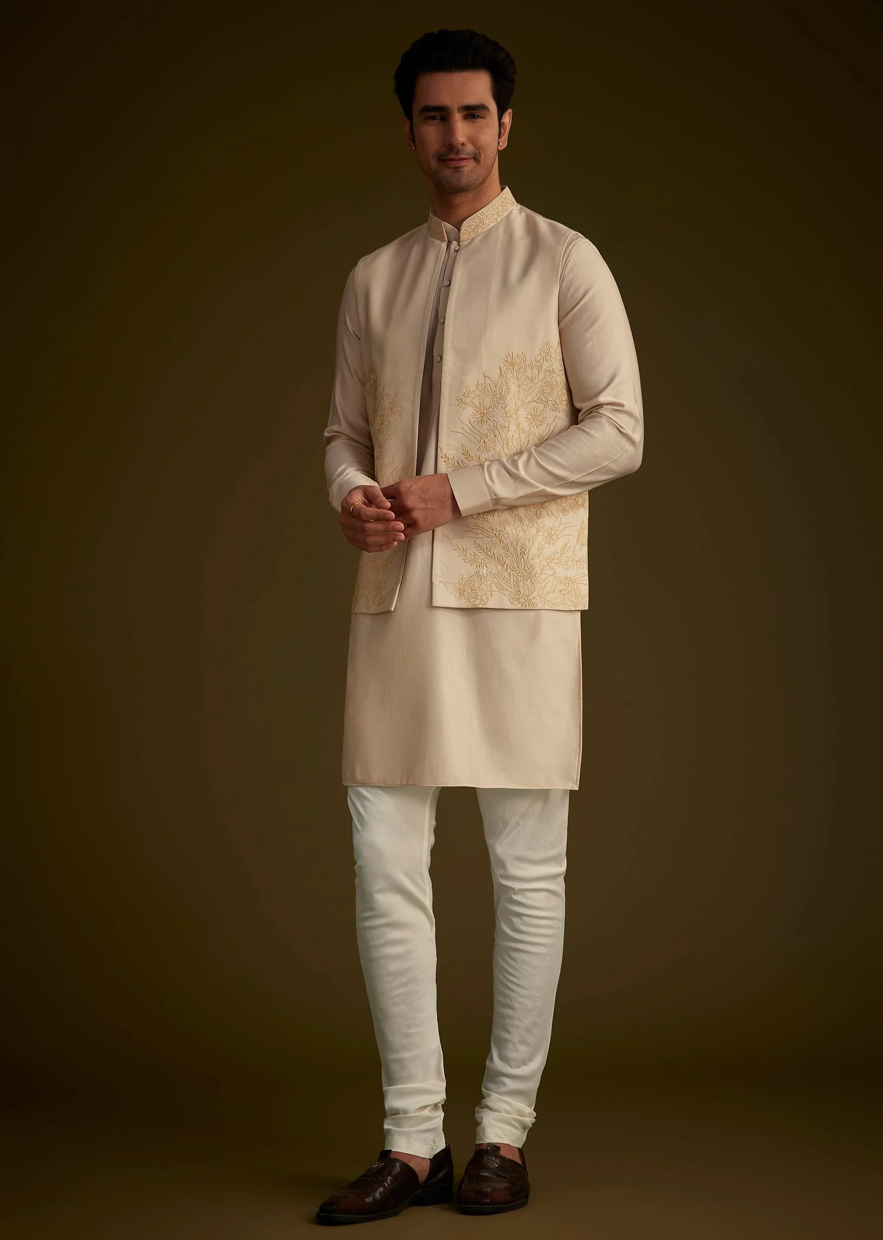 Beige Silk Blend Kurta Set With Embroidered Nehru Jacket - Image 2