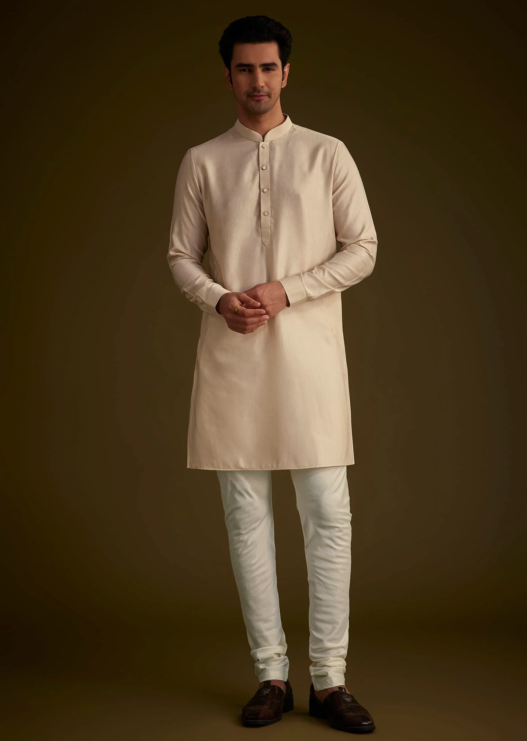 Beige Silk Blend Kurta Set With Embroidered Nehru Jacket - Image 6