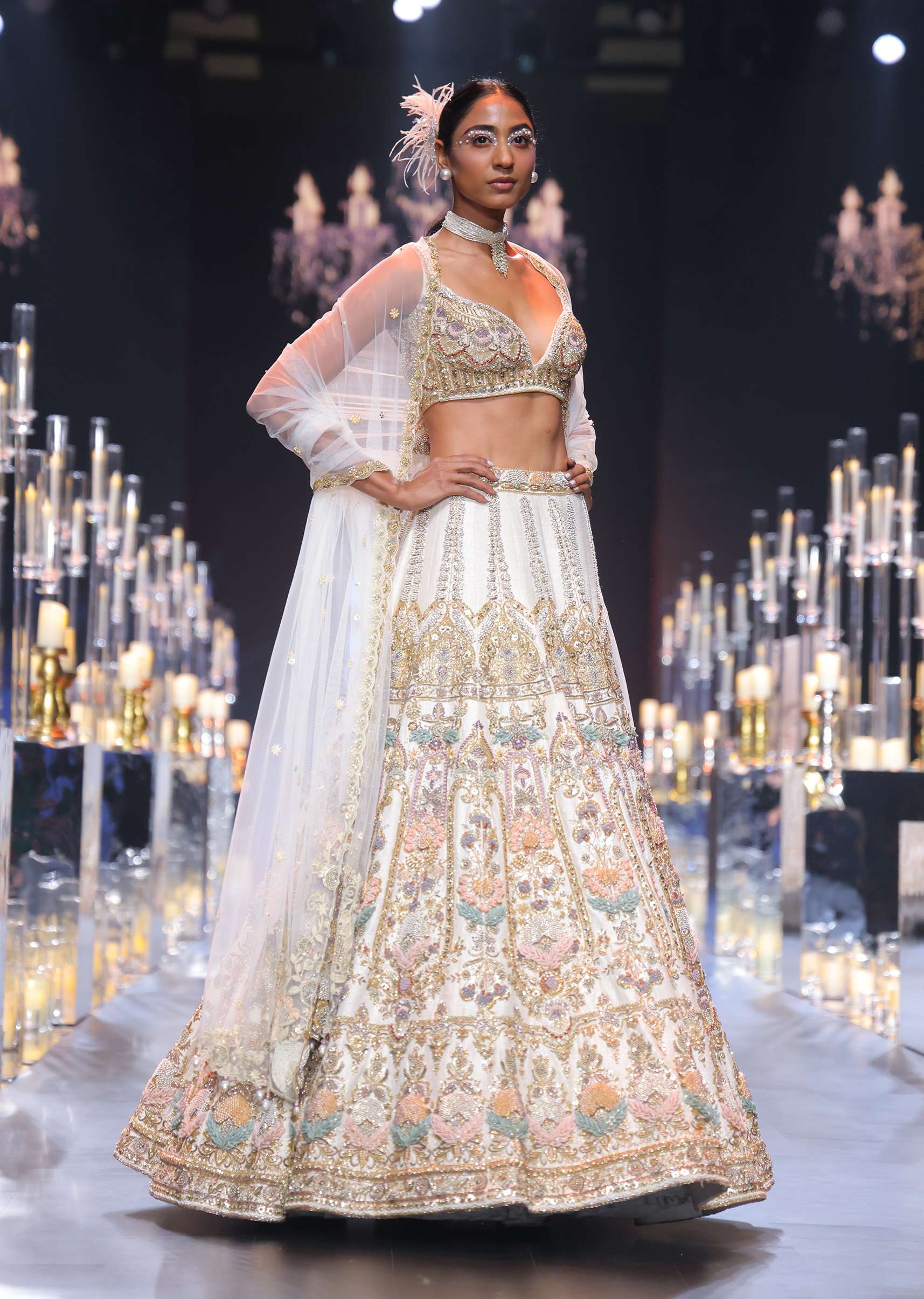Beige Silk Bridal Lehenga Set With Organza 3D Floral Embroidery - Image 6