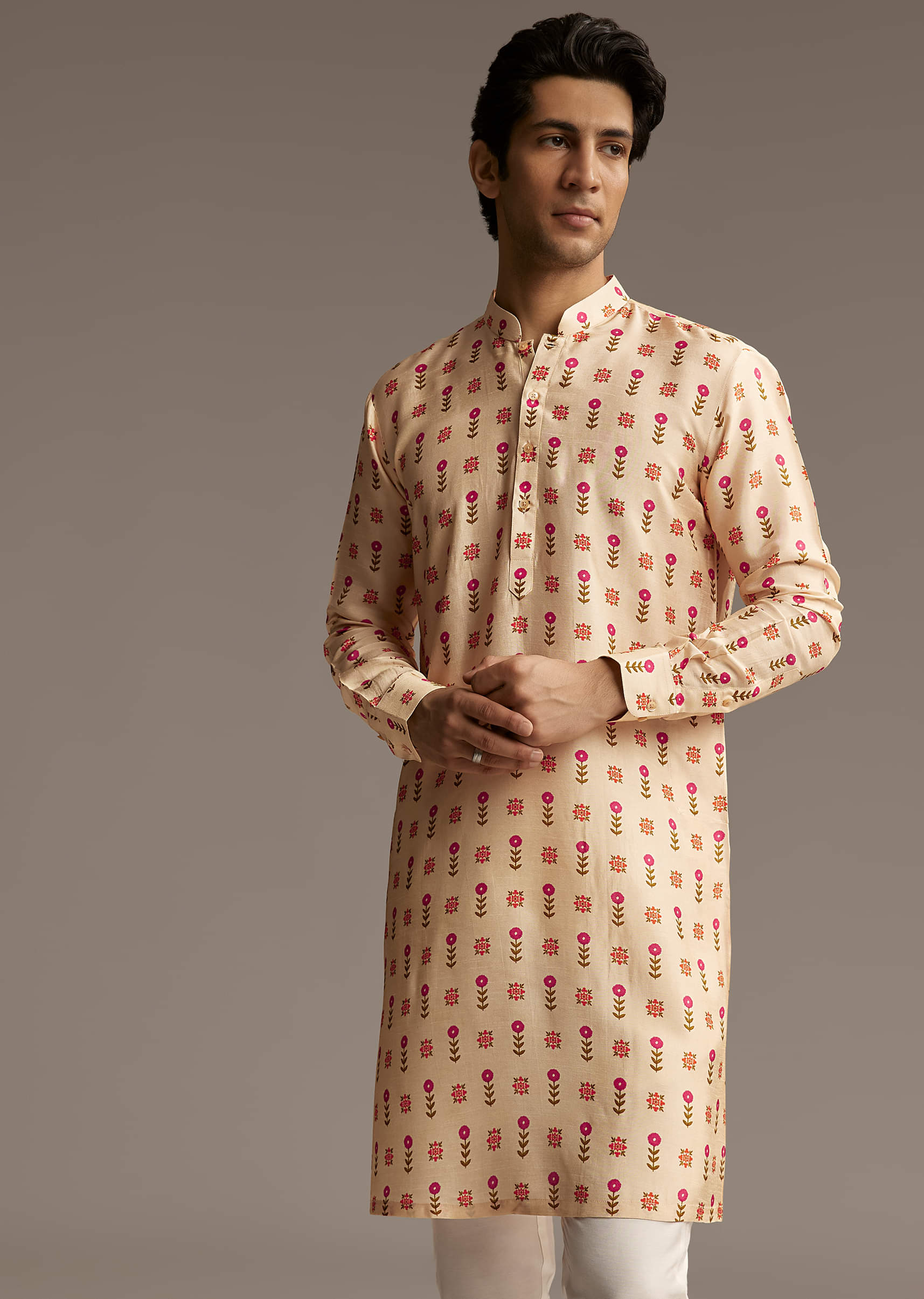 Beige Silk Designer Kurta For Men With Floral Print - Image 3