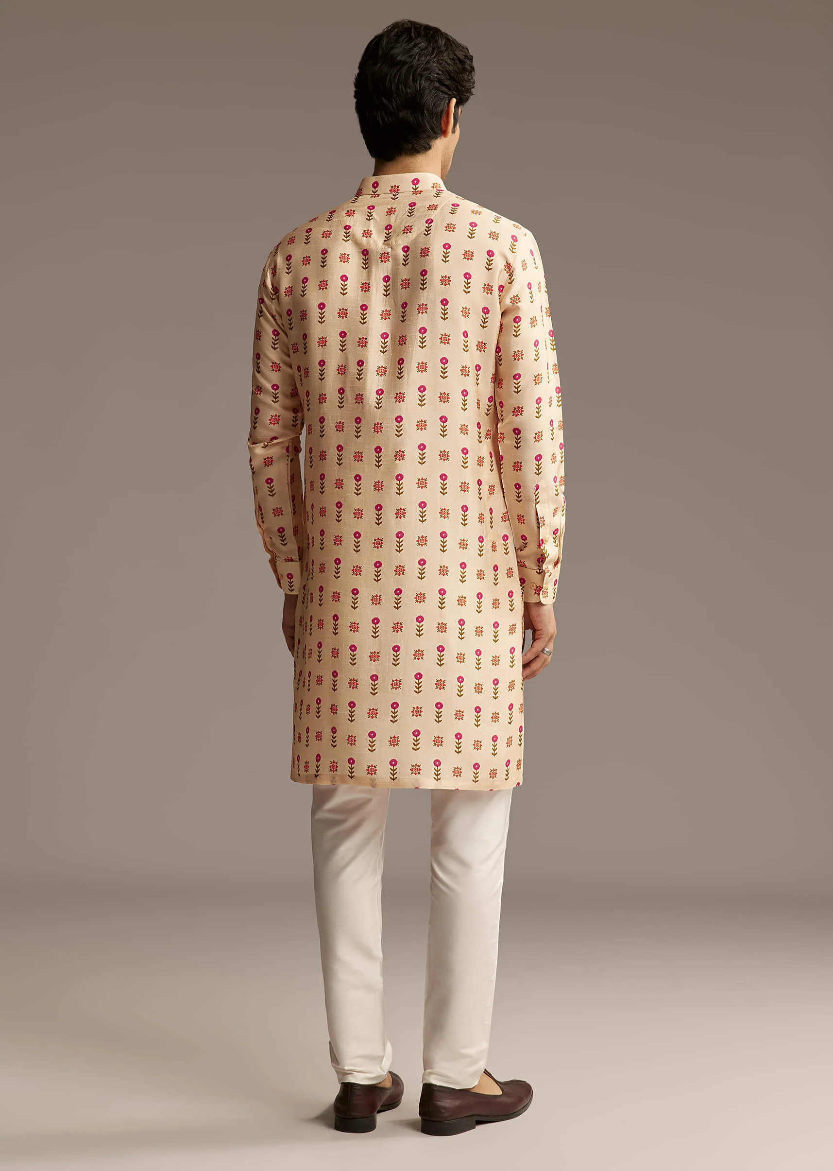Beige Silk Designer Kurta For Men With Floral Print - Image 5