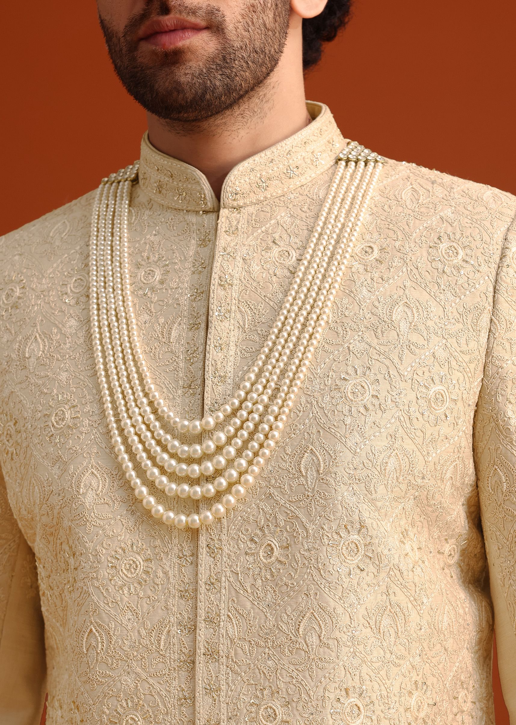 Beige Silk Embroidered Sherwani And Kurta Set With Dupatta - Image 2