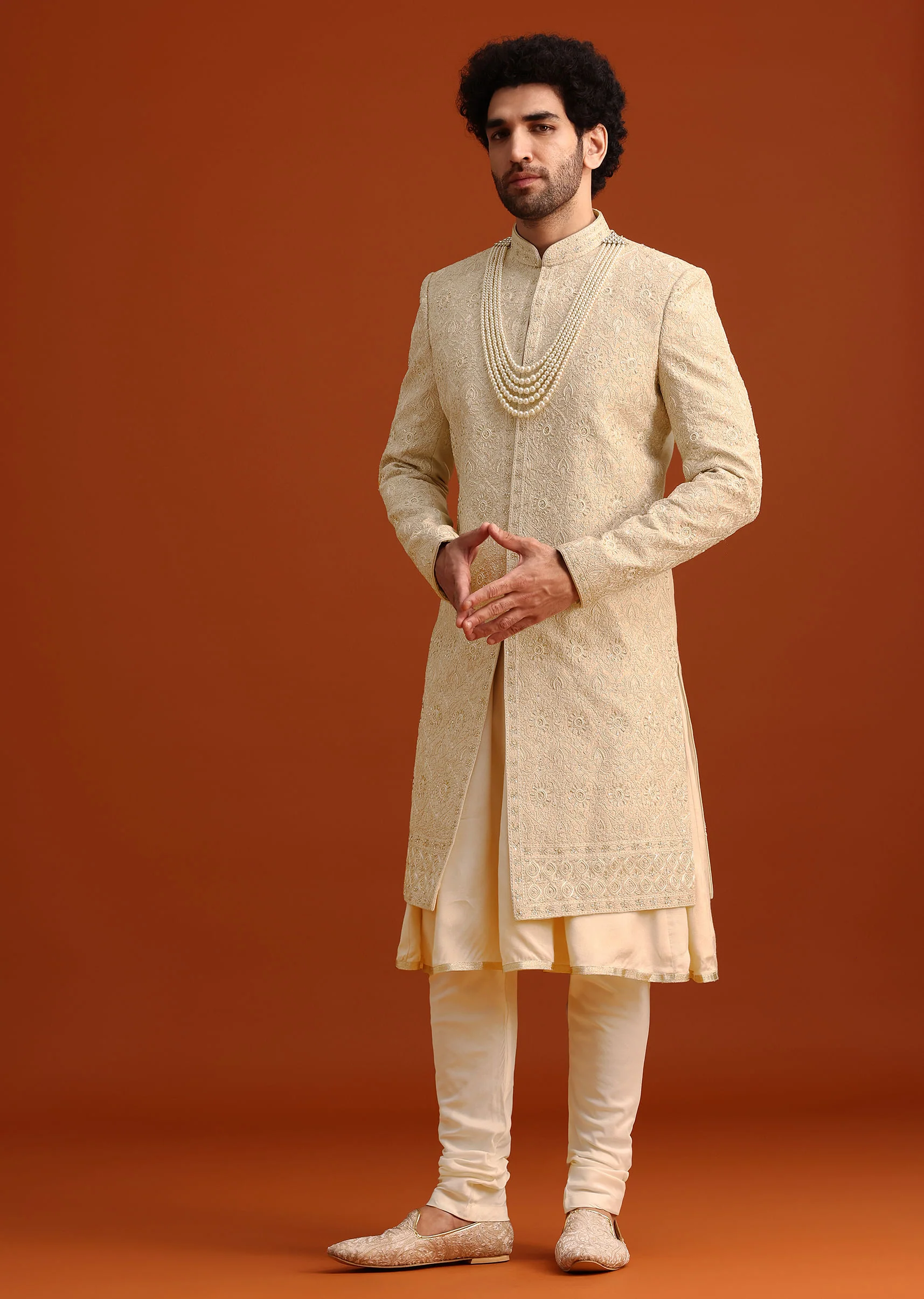 Beige Silk Embroidered Sherwani And Kurta Set With Dupatta - Image 3