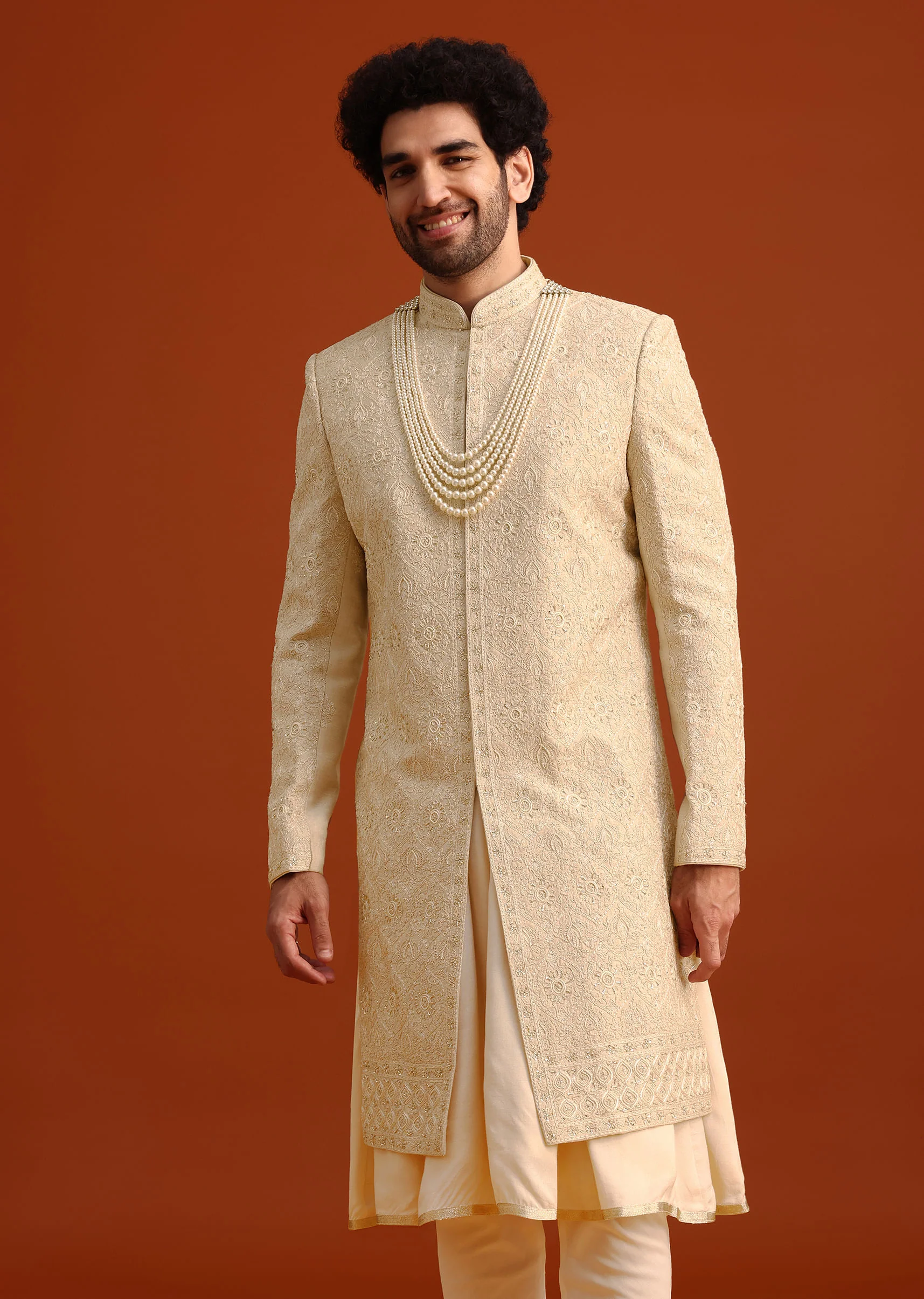 Beige Silk Embroidered Sherwani And Kurta Set With Dupatta - Image 4