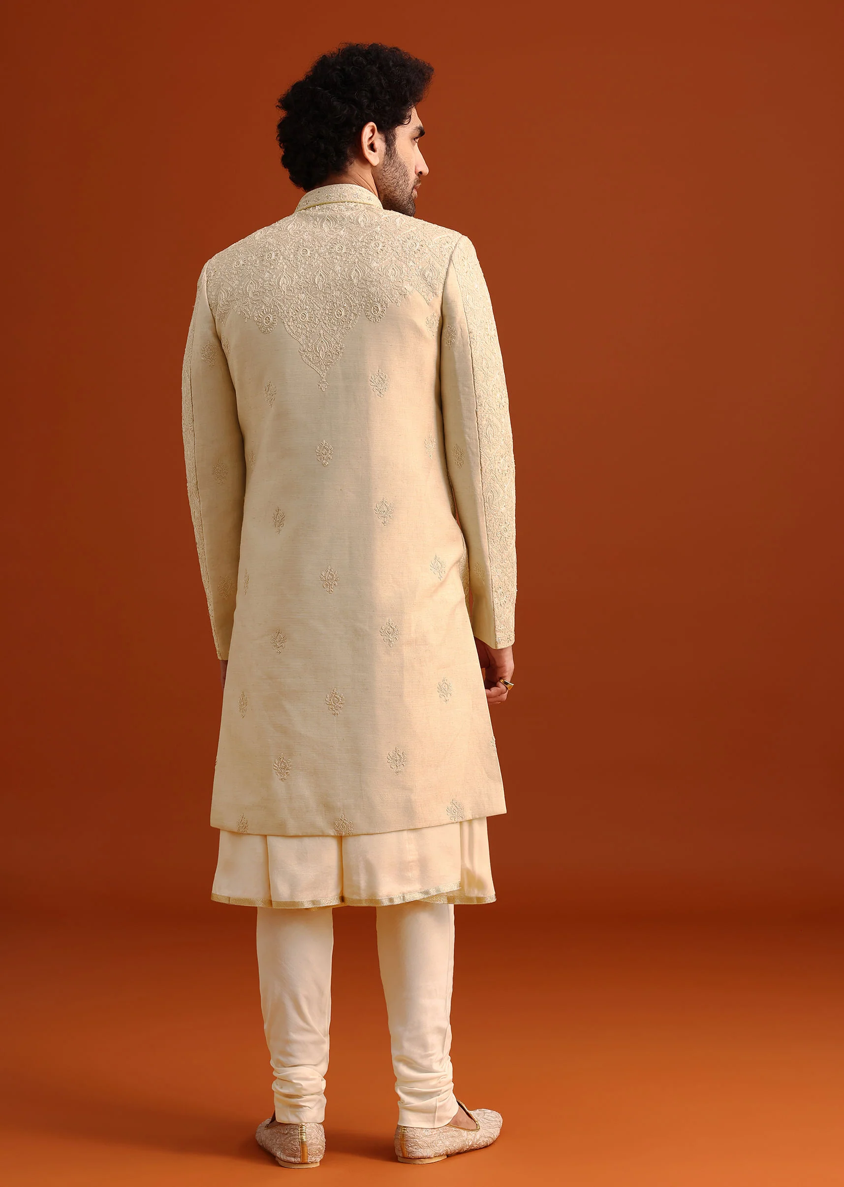 Beige Silk Embroidered Sherwani And Kurta Set With Dupatta - Image 5