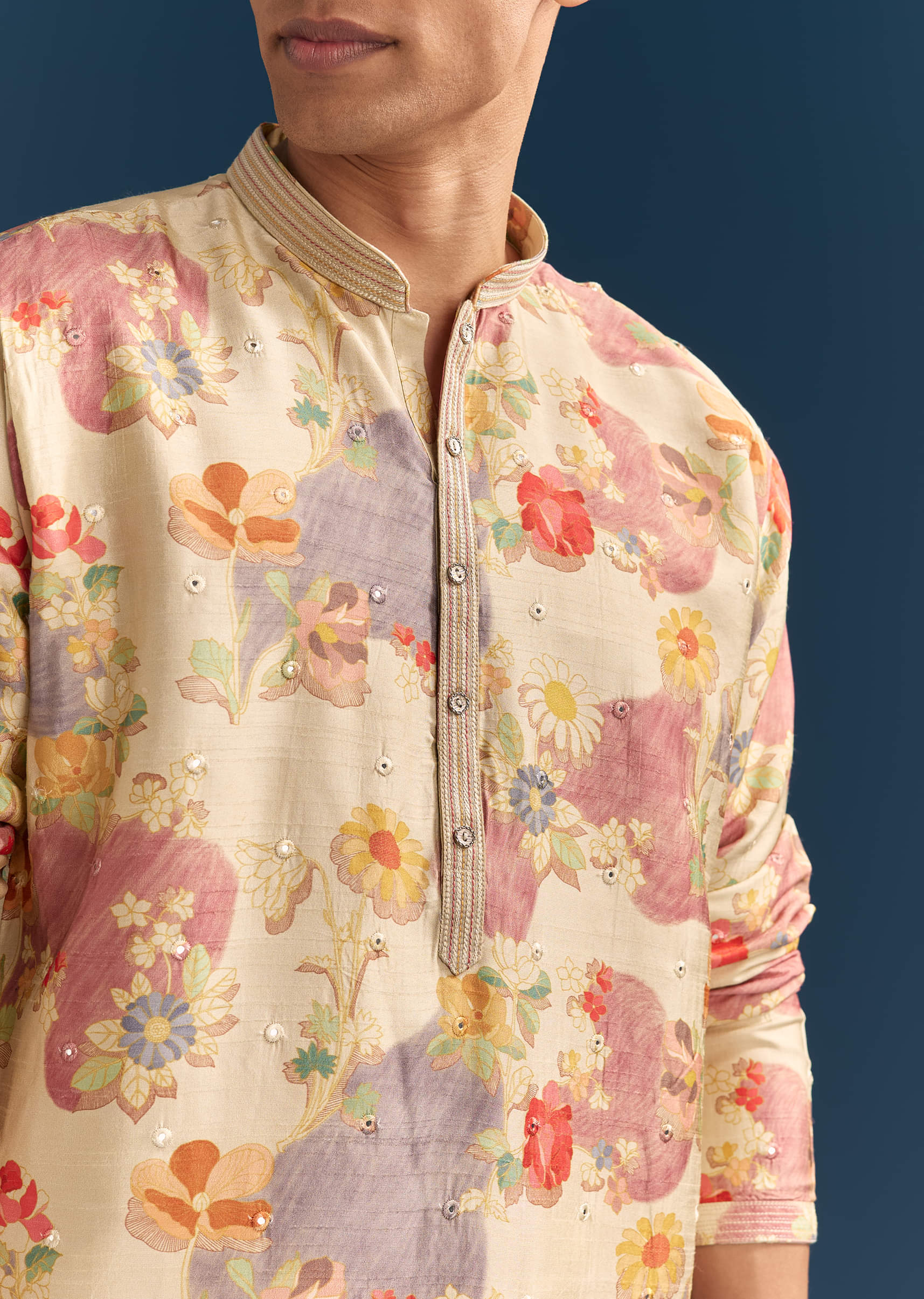 Beige Silk Floral Kurta Set For Men With Mirror Embroidery - Image 2