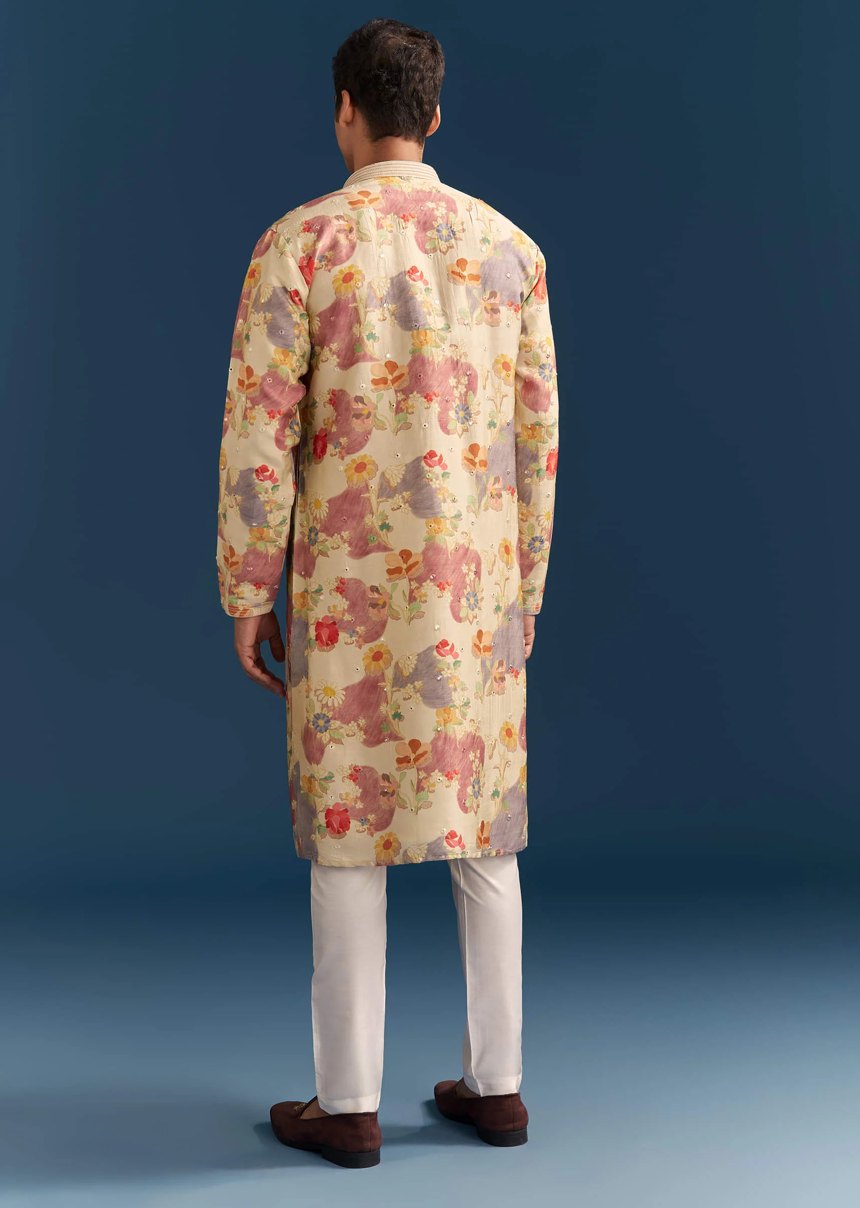 Beige Silk Floral Kurta Set For Men With Mirror Embroidery - Image 5