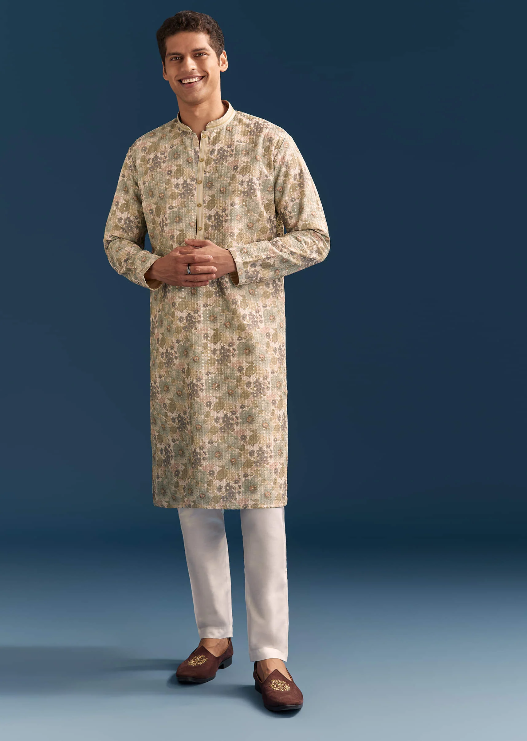 Beige Silk Floral Kurta Set For Men With Thread Embroidery - Image 2