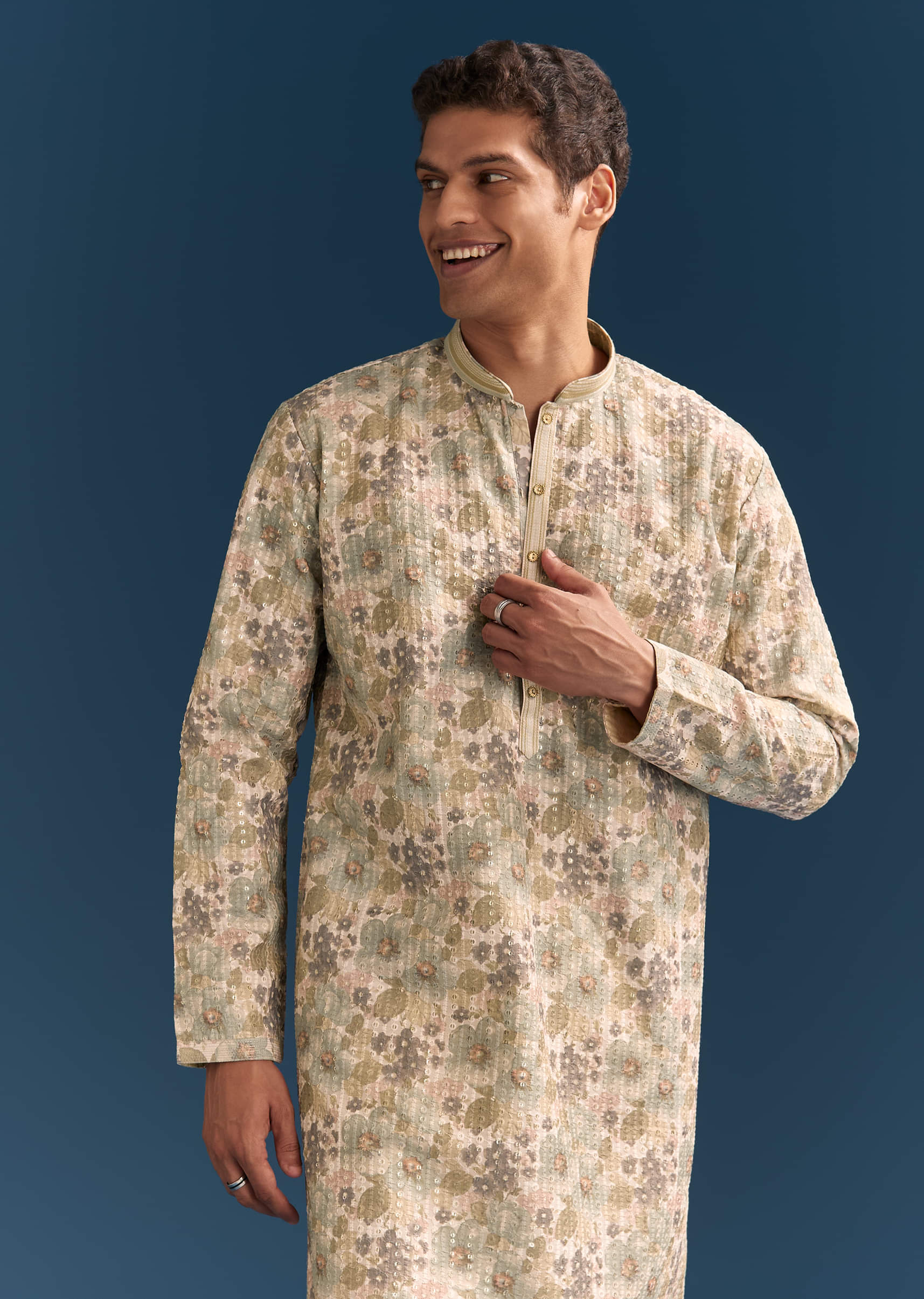 Beige Silk Floral Kurta Set For Men With Thread Embroidery - Image 3