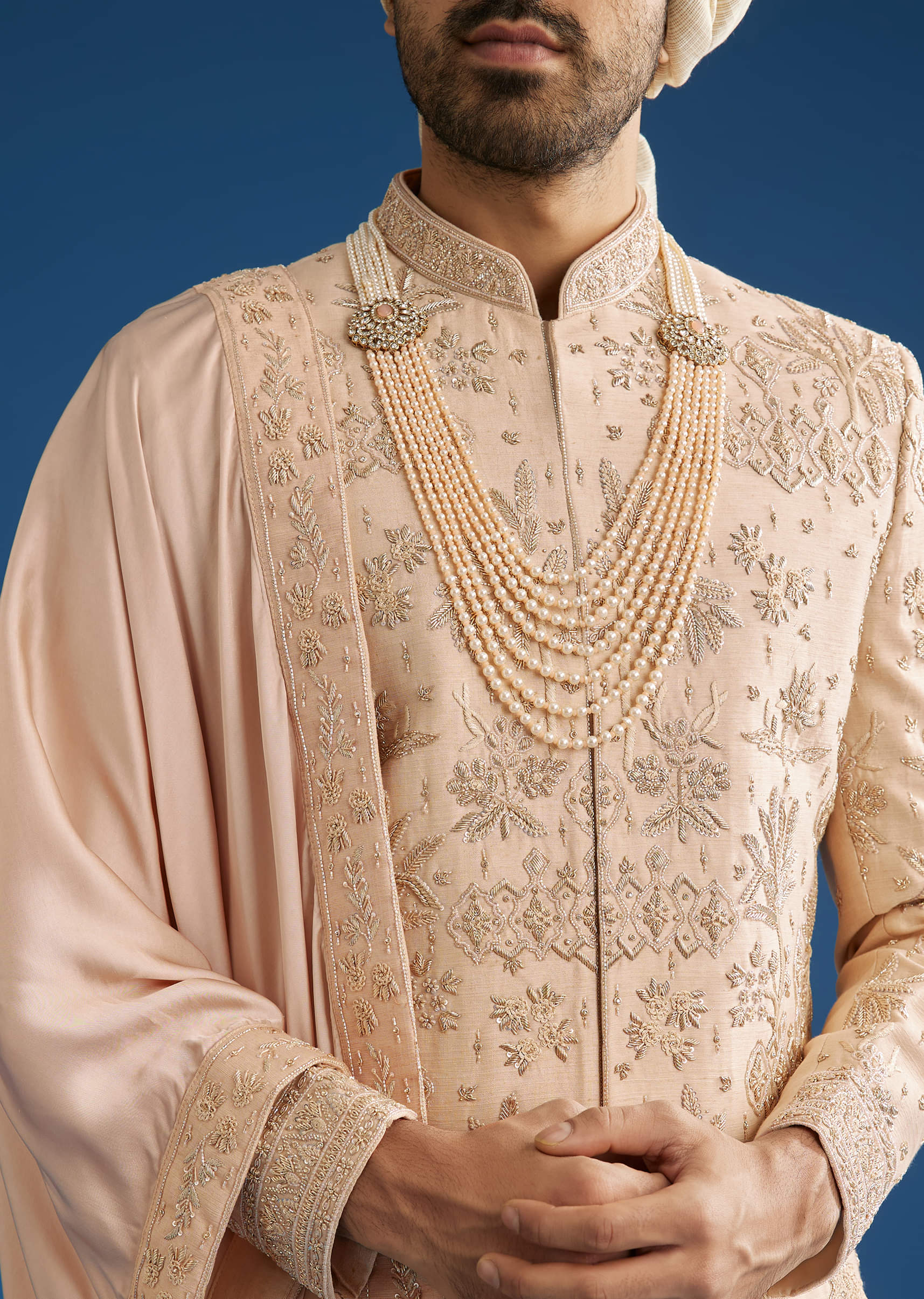 Beige Silk Groom Sherwani Set With Zardosi Work - Image 2