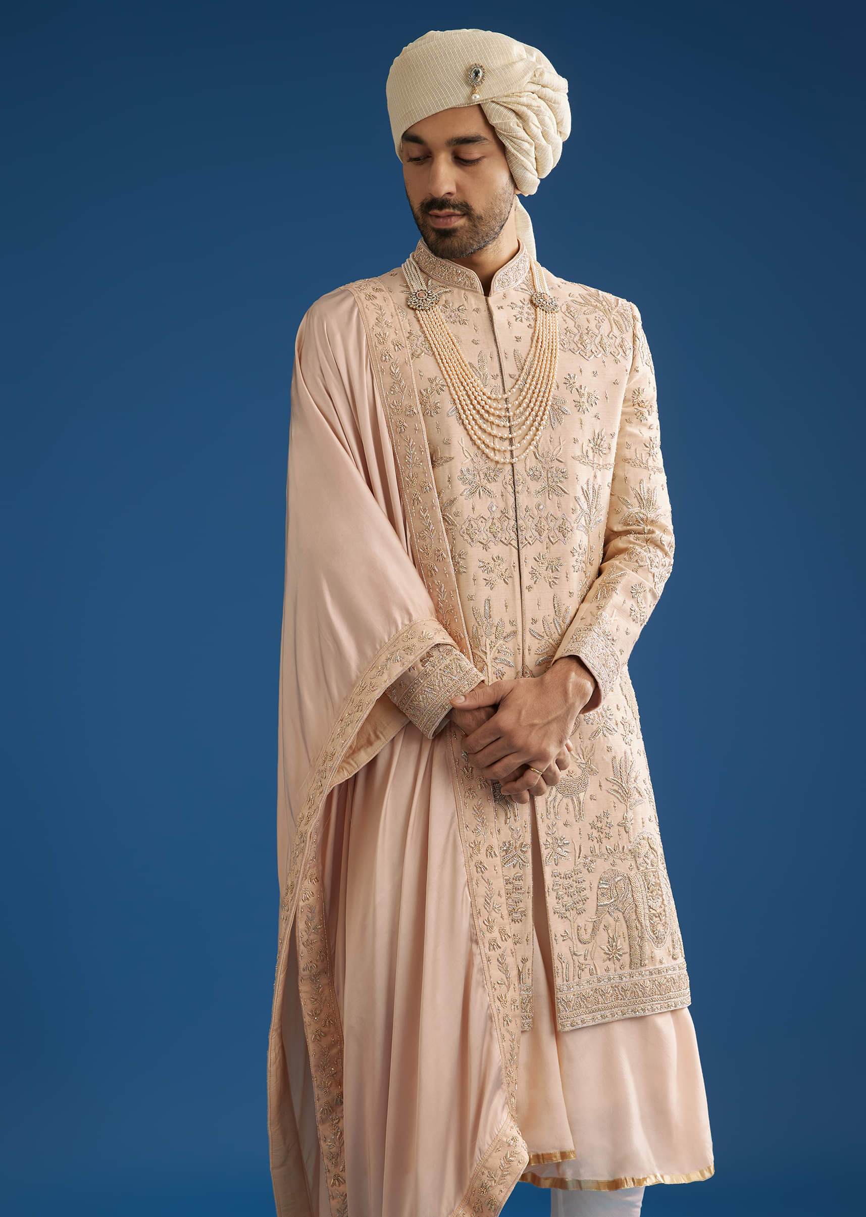 Beige Silk Groom Sherwani Set With Zardosi Work - Image 4
