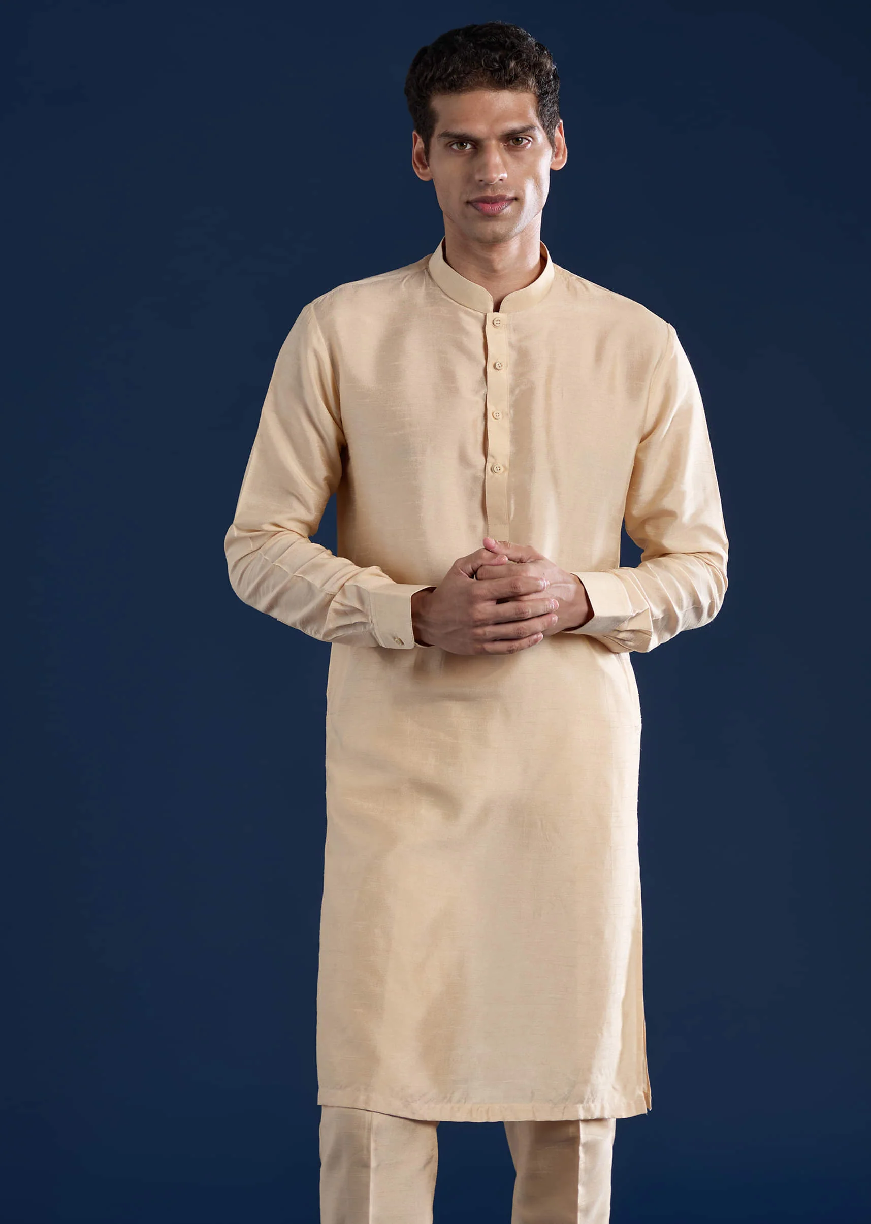 Beige Silk Jacket Kurta Set with French Knot - Image 6