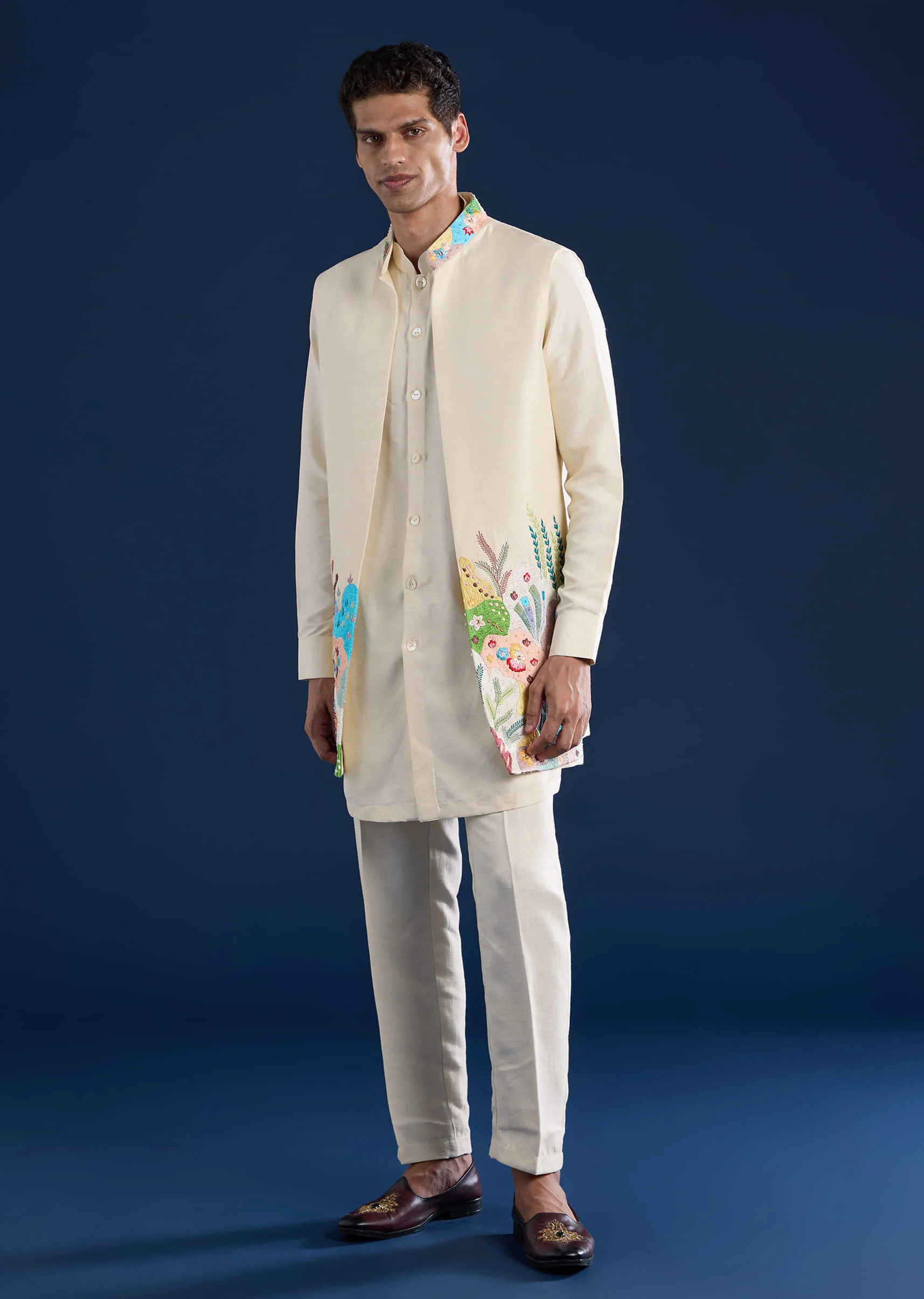 Beige Silk Jacket Kurta Set with Resham Embroidery - Image 2