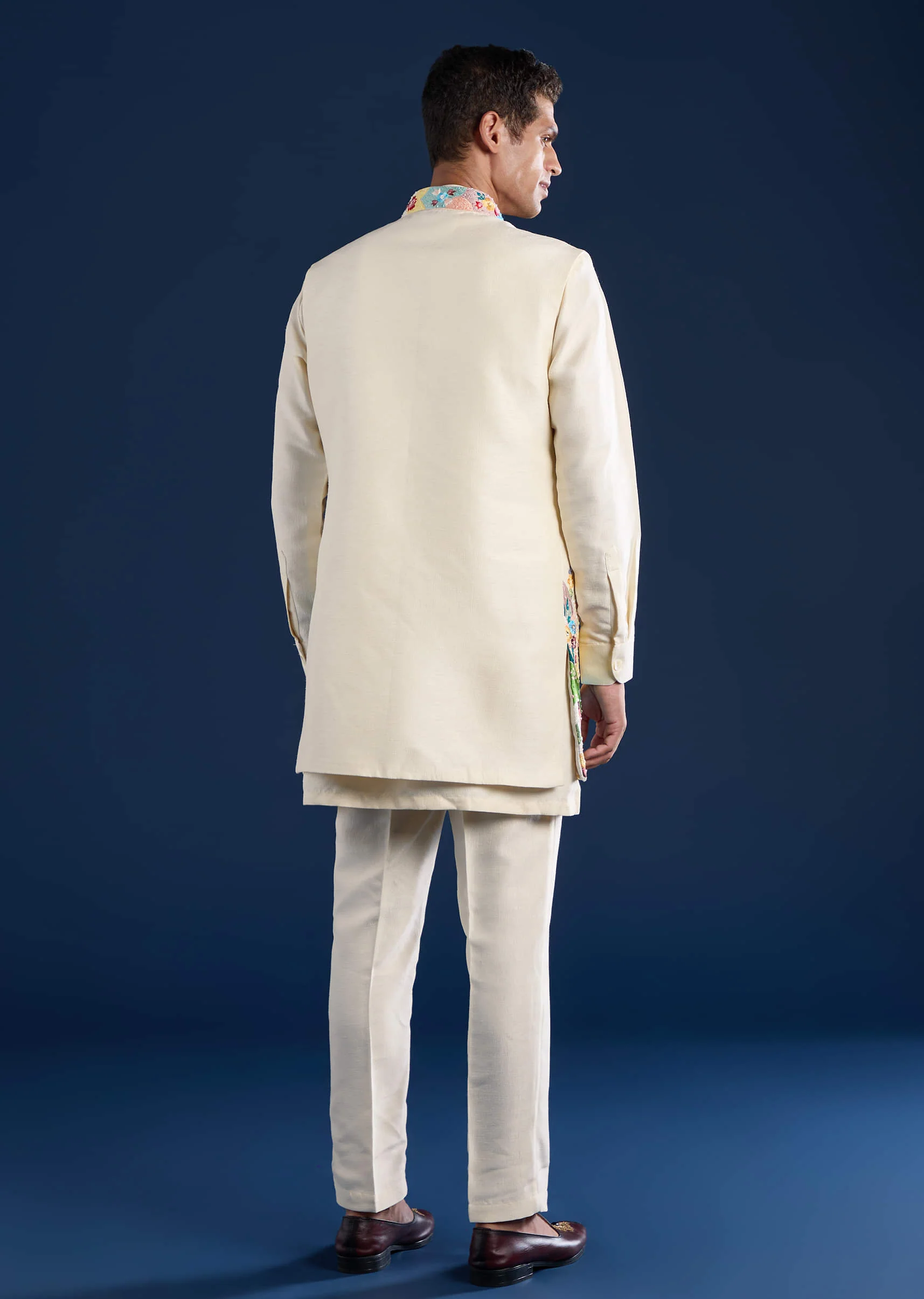 Beige Silk Jacket Kurta Set with Resham Embroidery - Image 5