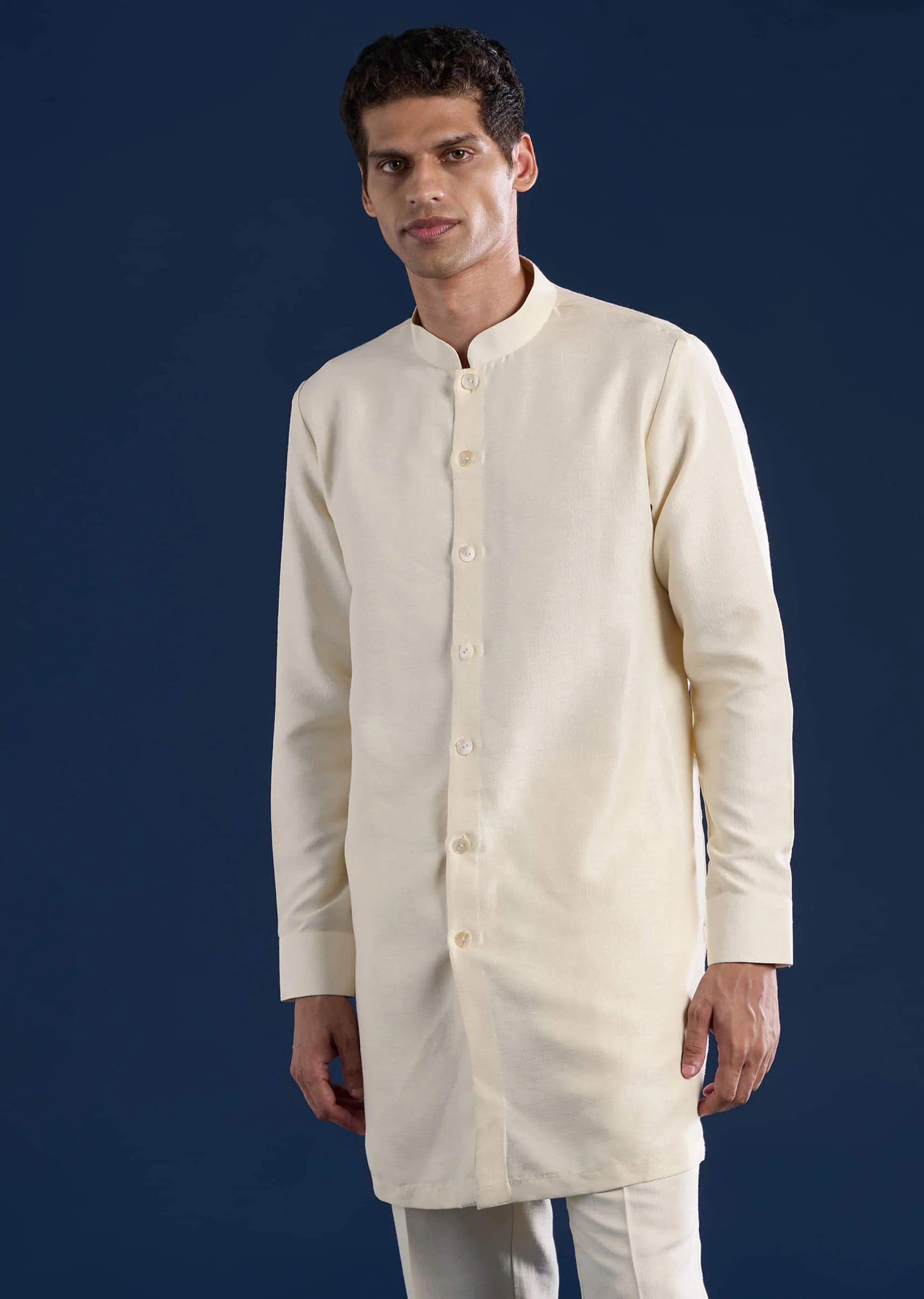Beige Silk Jacket Kurta Set with Resham Embroidery - Image 6