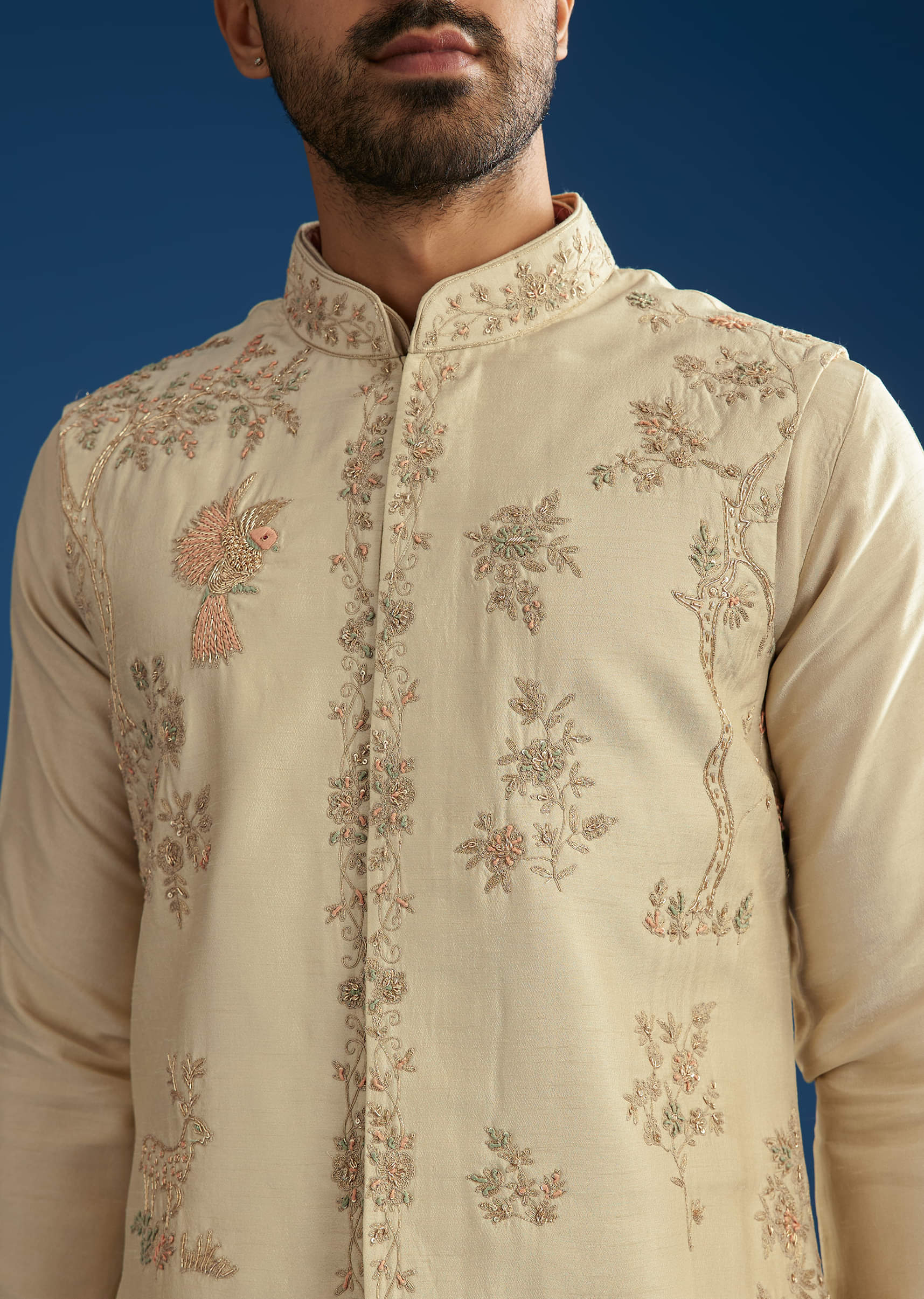 Beige Silk Kurta Jacket Set With Cutdana Work - Image 2