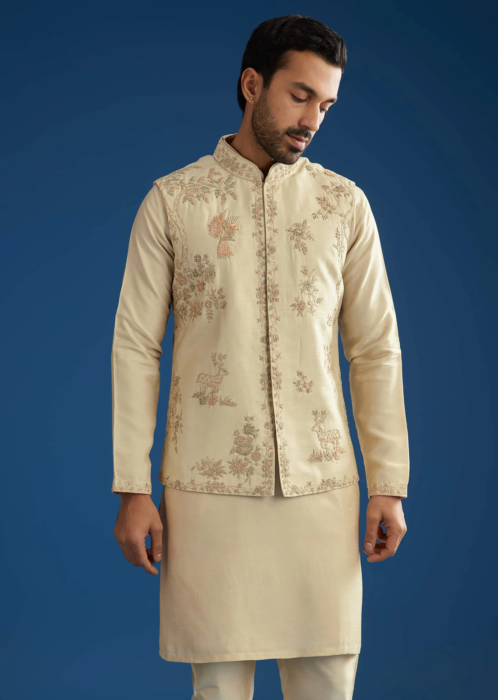 Beige Silk Kurta Jacket Set With Cutdana Work - Image 4