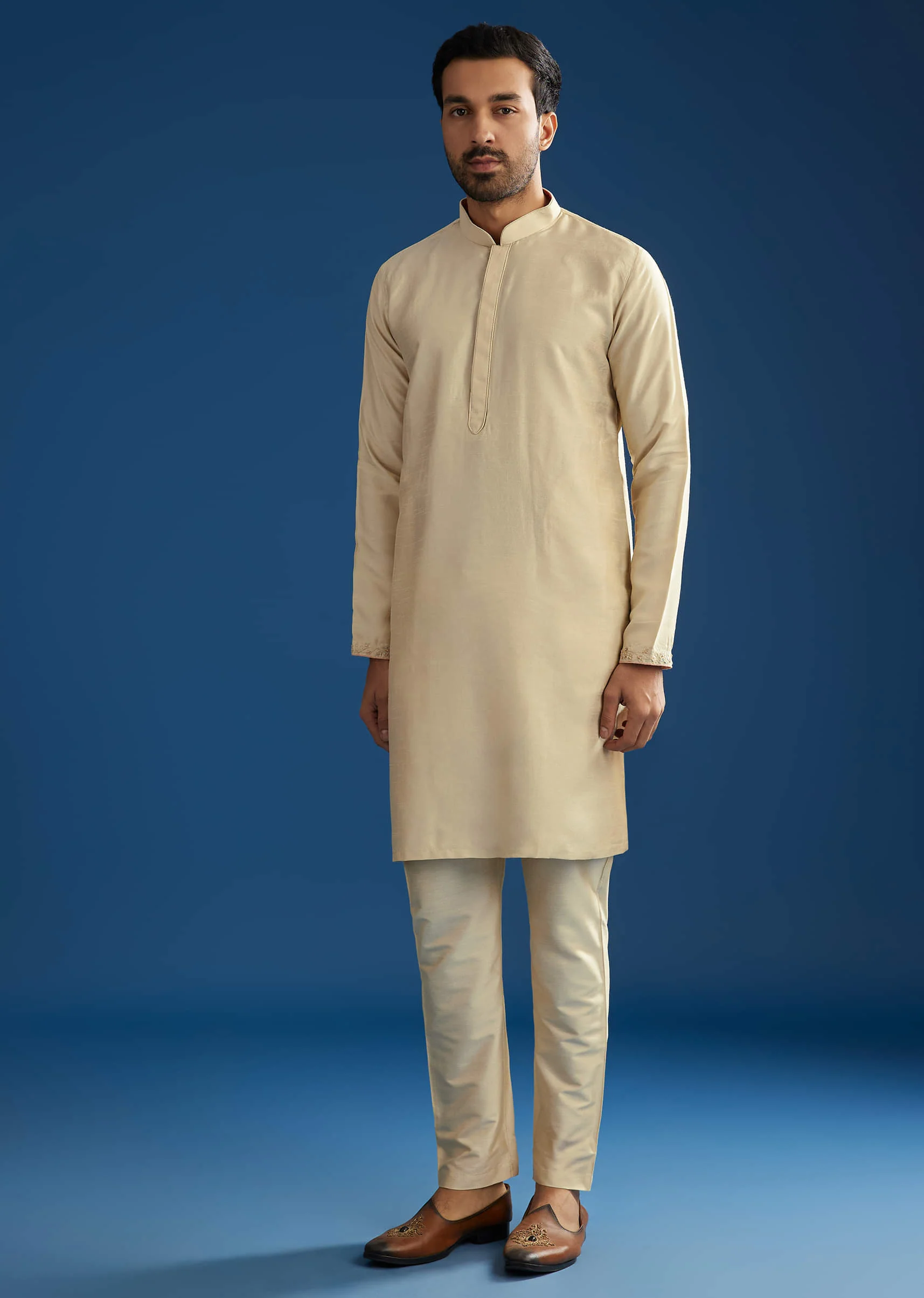Beige Silk Kurta Jacket Set With Cutdana Work - Image 6