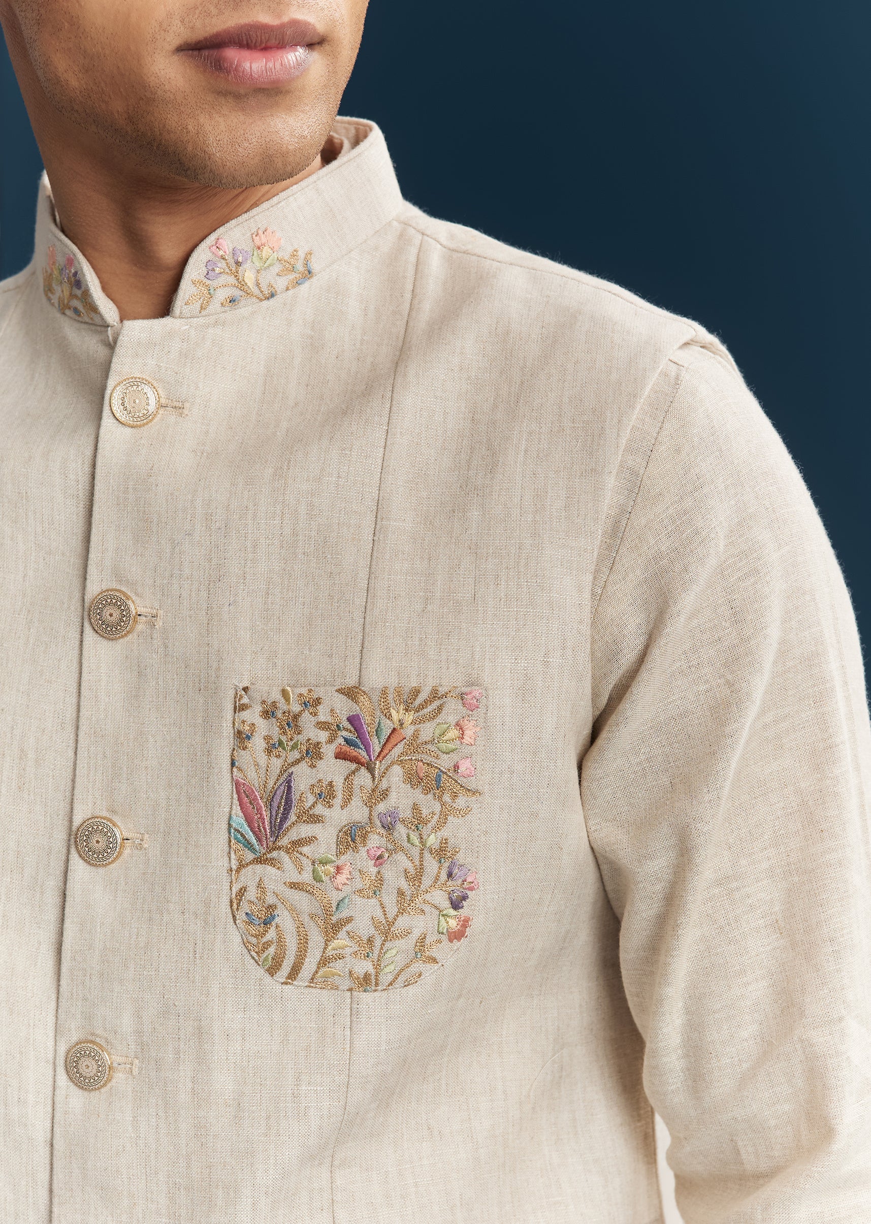 Beige Silk Kurta Jacket With Minimal Thread Detail - Image 2
