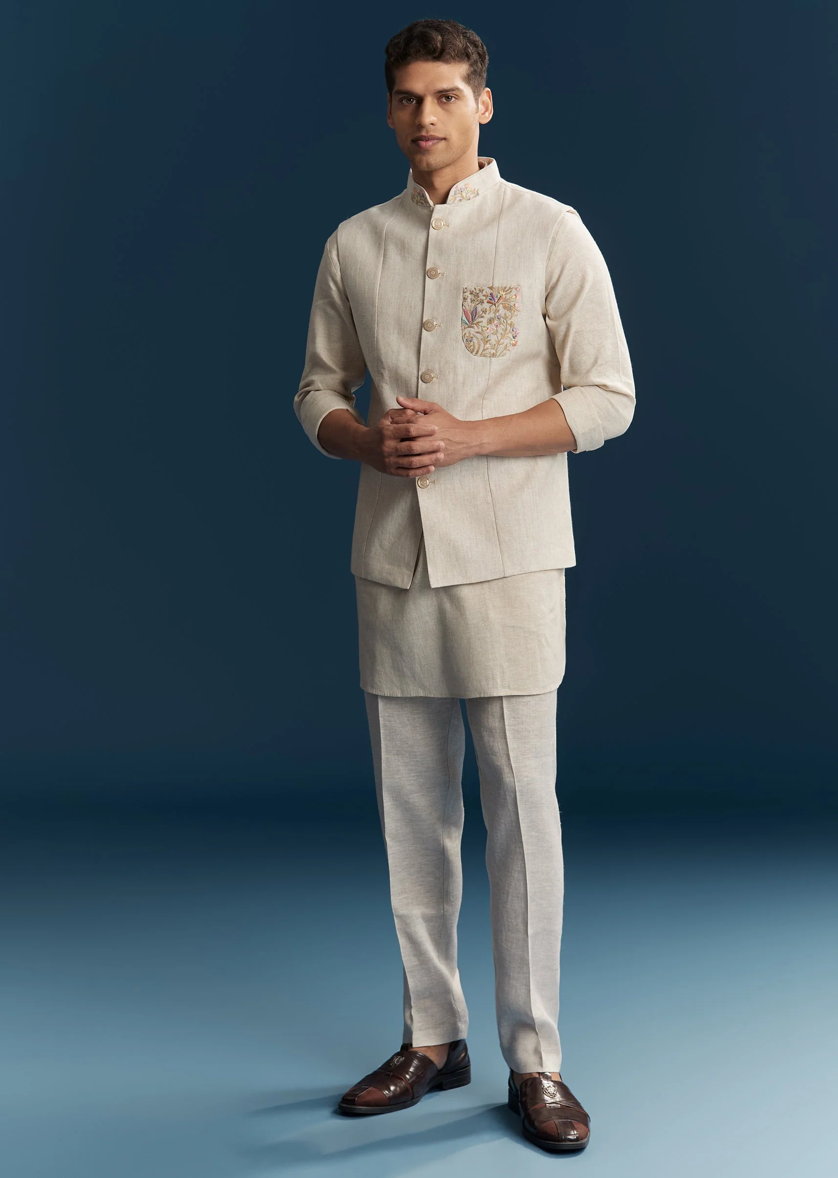 Beige Silk Kurta Jacket With Minimal Thread Detail - Image 3