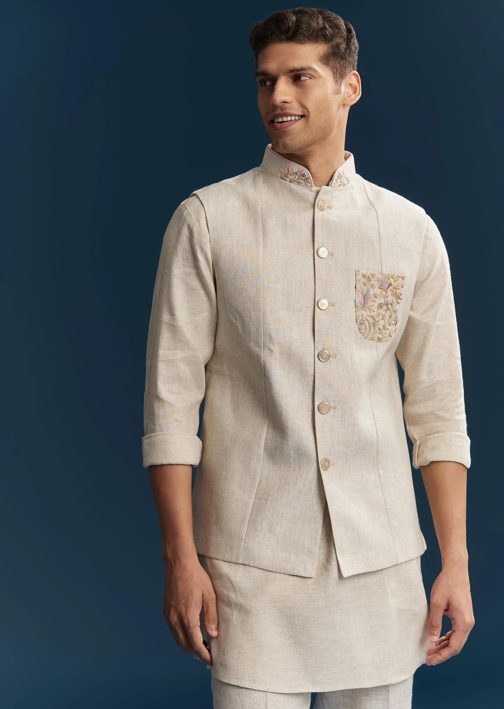 Beige Silk Kurta Jacket With Minimal Thread Detail - Image 4