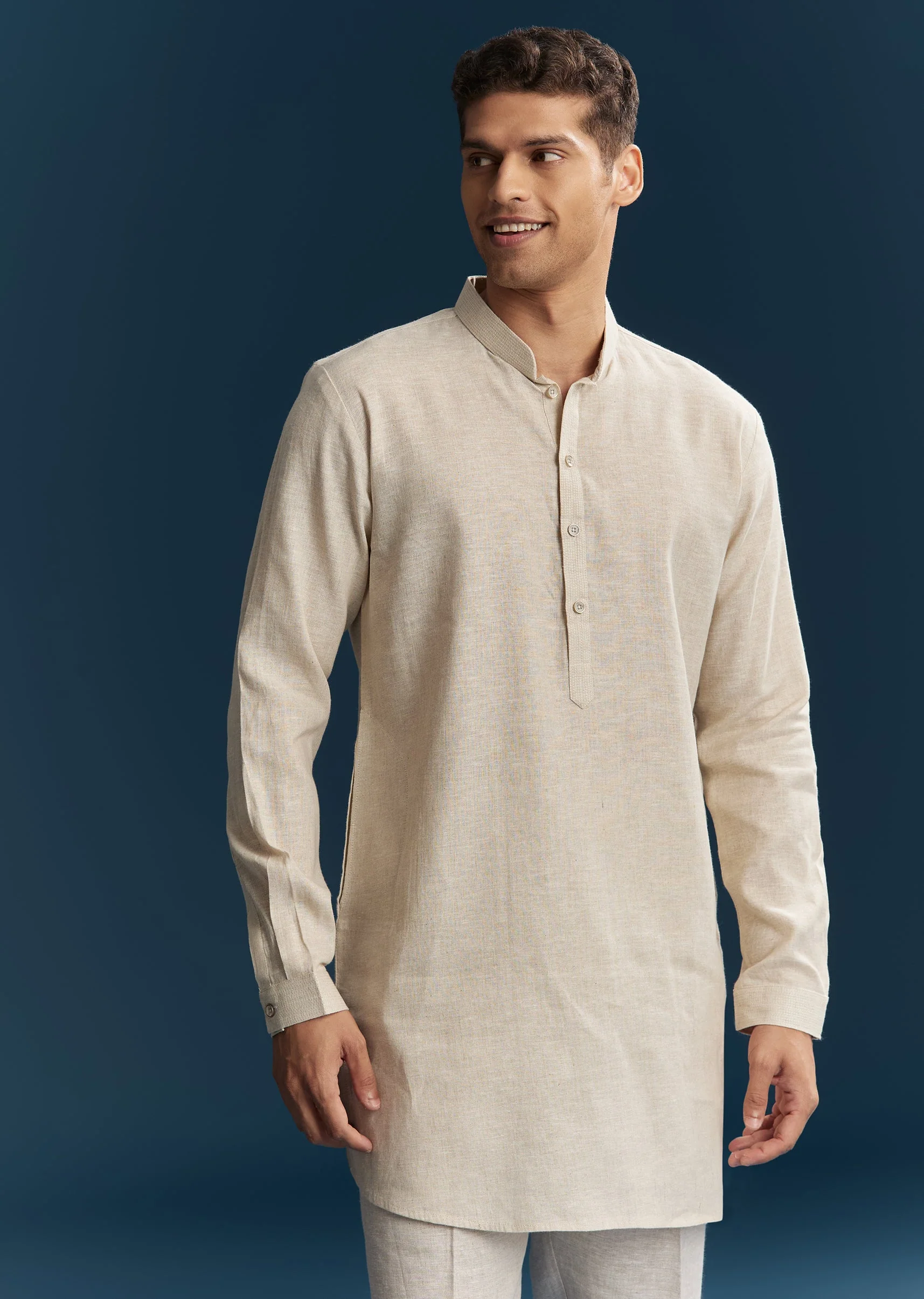 Beige Silk Kurta Jacket With Minimal Thread Detail - Image 6